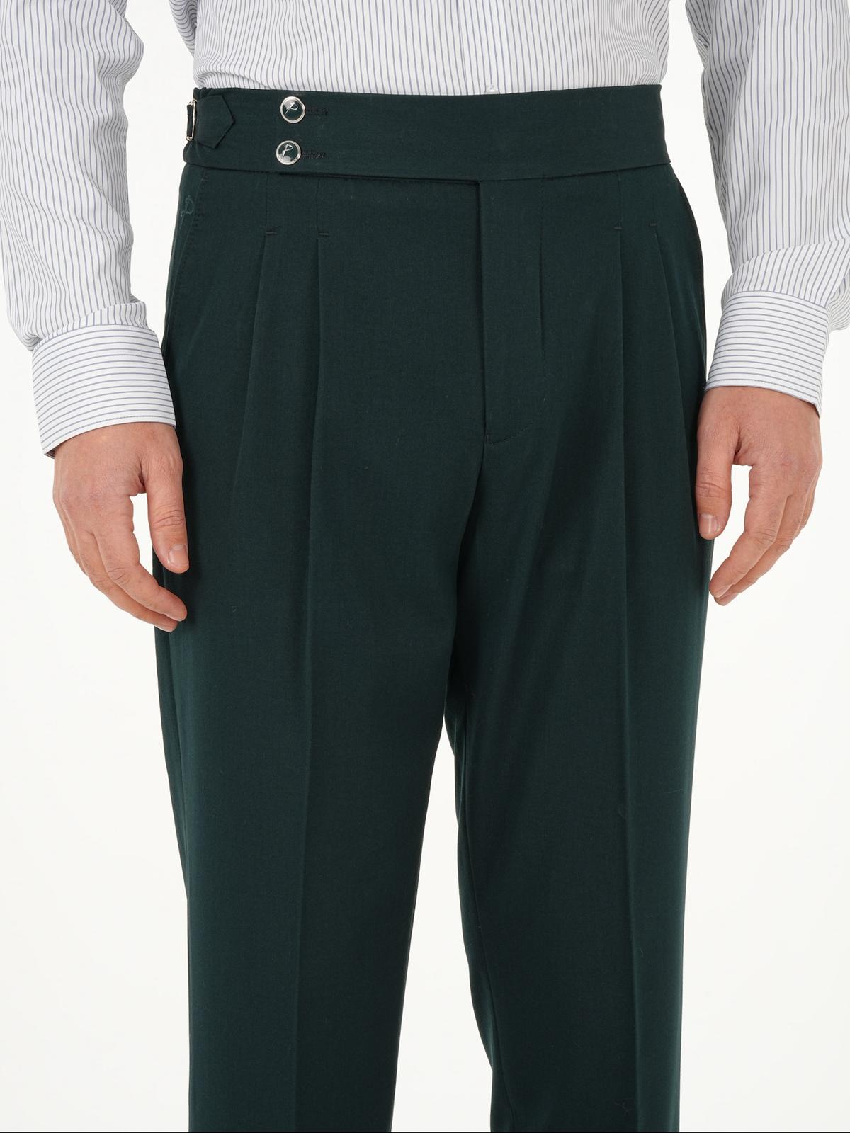 Erkek Regular Fit Yüksek Bel Piliseli Tokalı Kumaş Pantolon - Yeşil