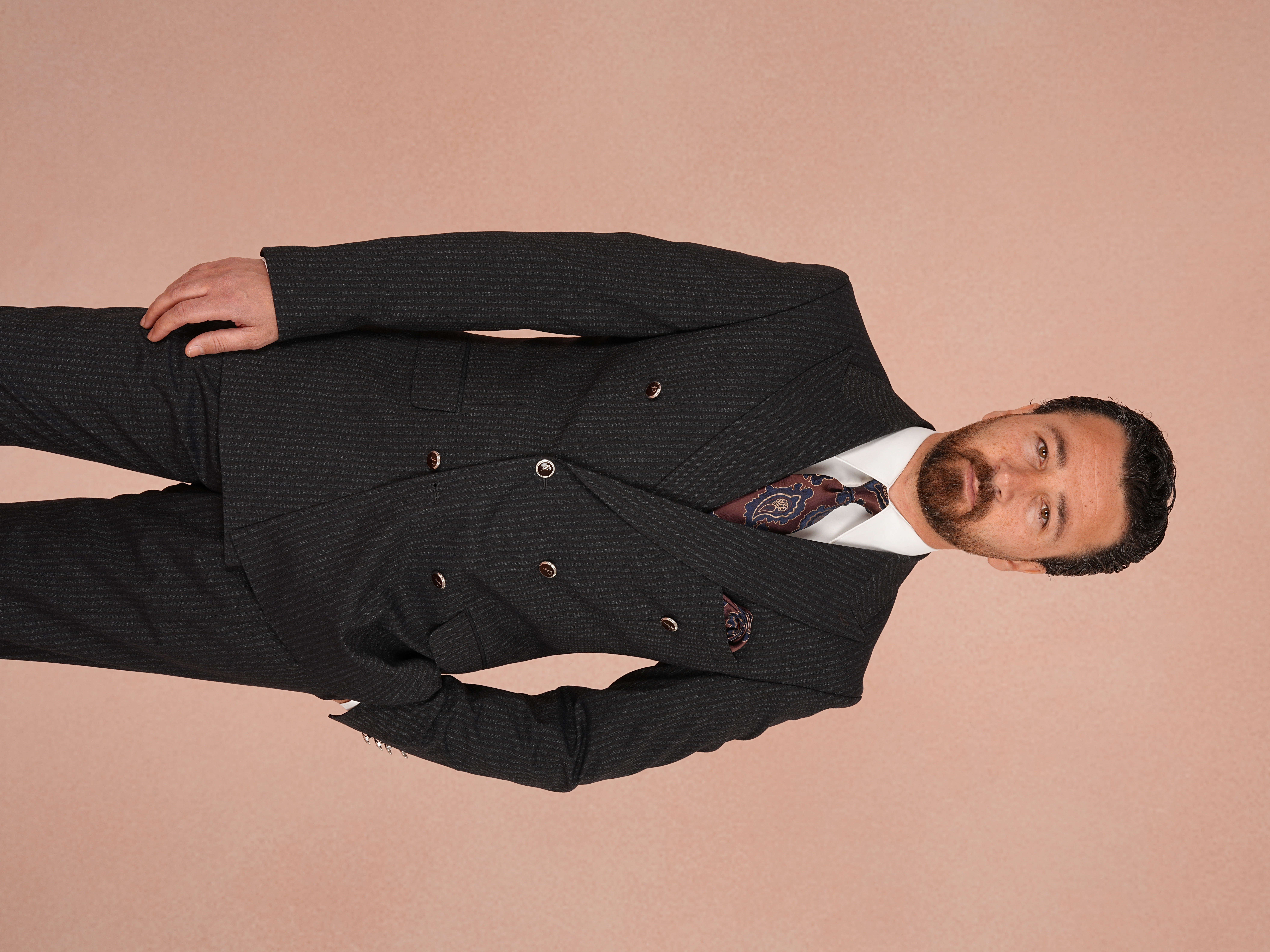 Premium Erkek Çizgili Kruvaze Takım Elbise Slim Fit İtalyan Stil Ceket Pantolon - Koyu Lacivert
