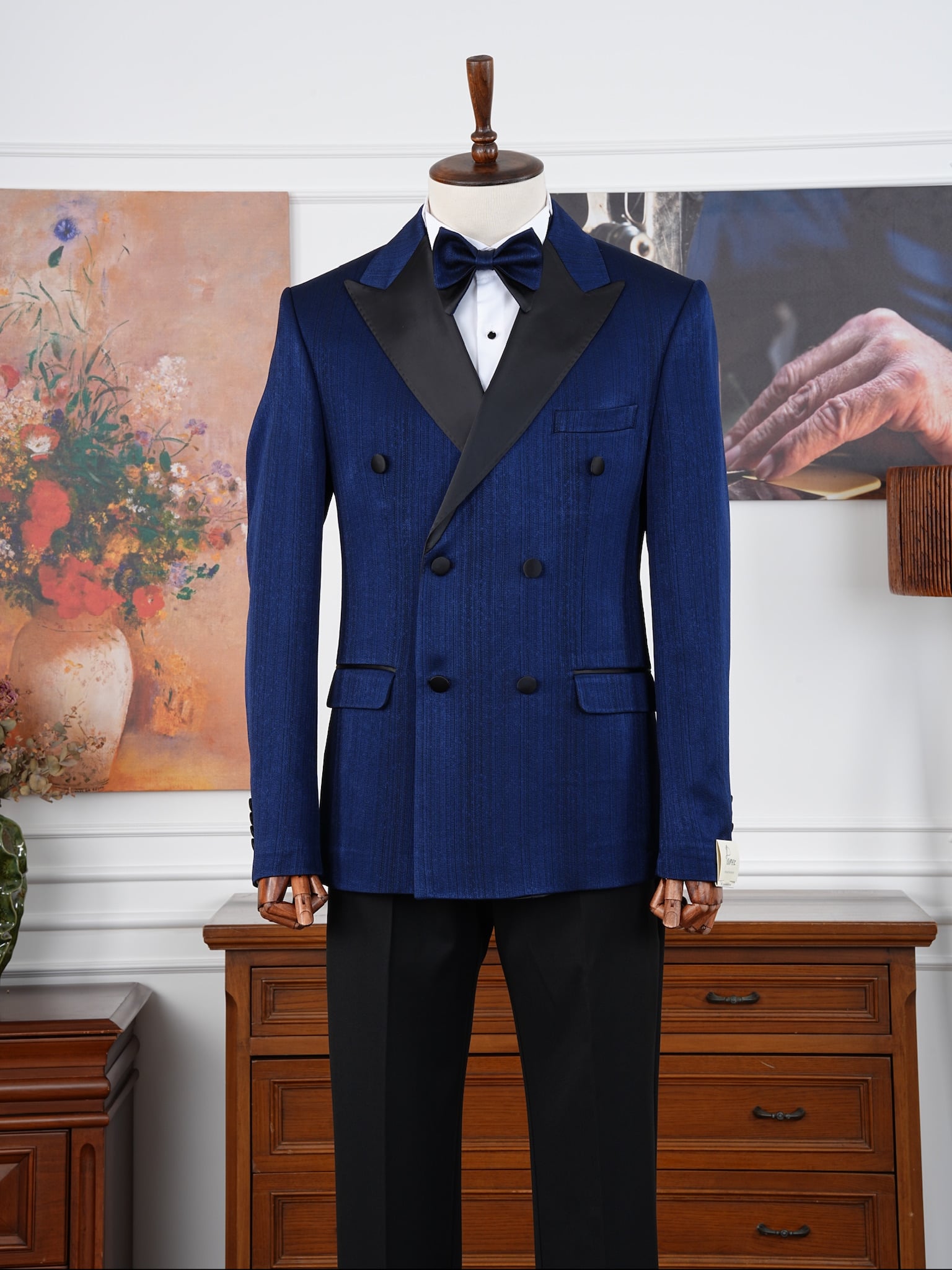 Mens Slim Fit Italian Style Self-Patterned Double Breasted Tuxedo Groom Suit - Navy Blue