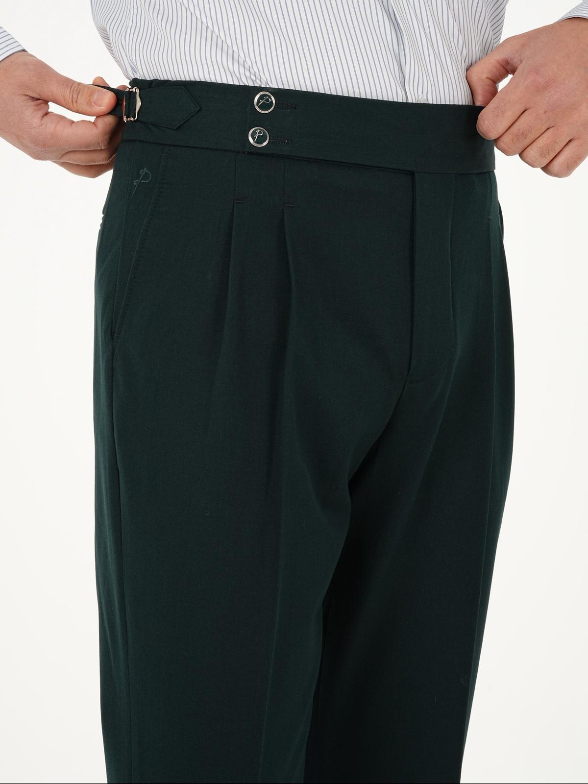 Erkek Regular Fit Yüksek Bel Piliseli Tokalı Kumaş Pantolon - Yeşil