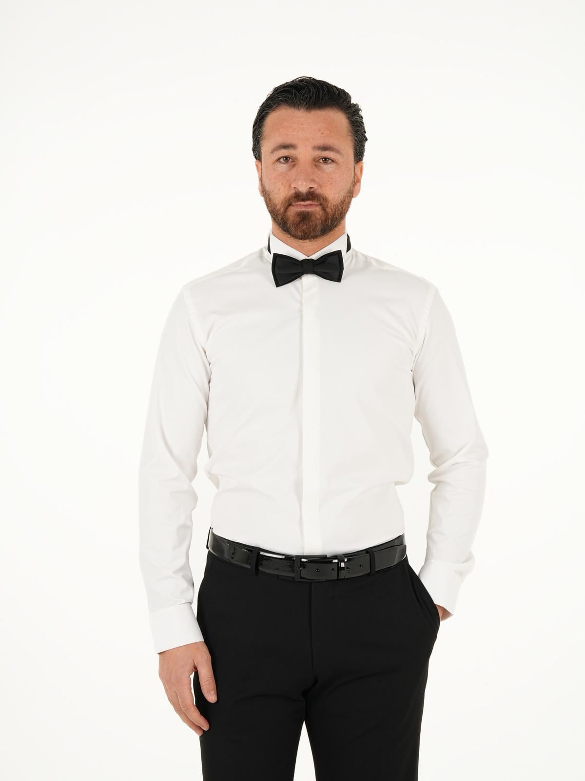Premium İtalyan Stil Slim Fit Gizli Düğme Ata Yaka Erkek Gömlek - Beyaz