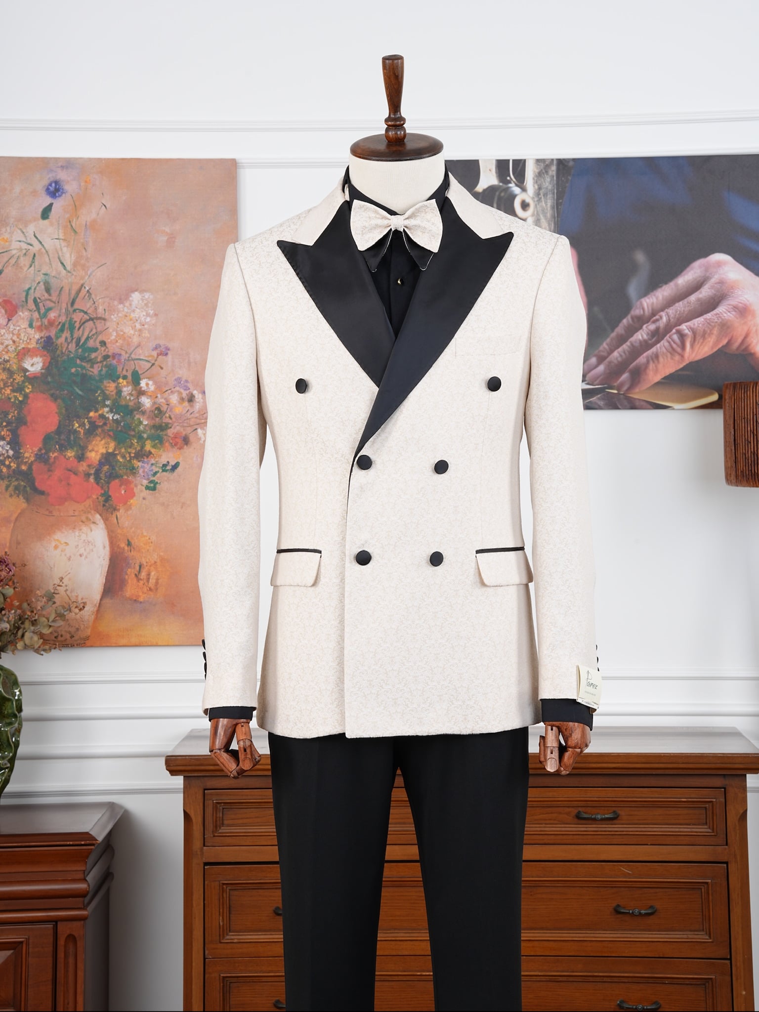 Premium Mens Slim Fit Italian Style Jacquard Patterned Double Breasted Tuxedo Groom Suit - Cream