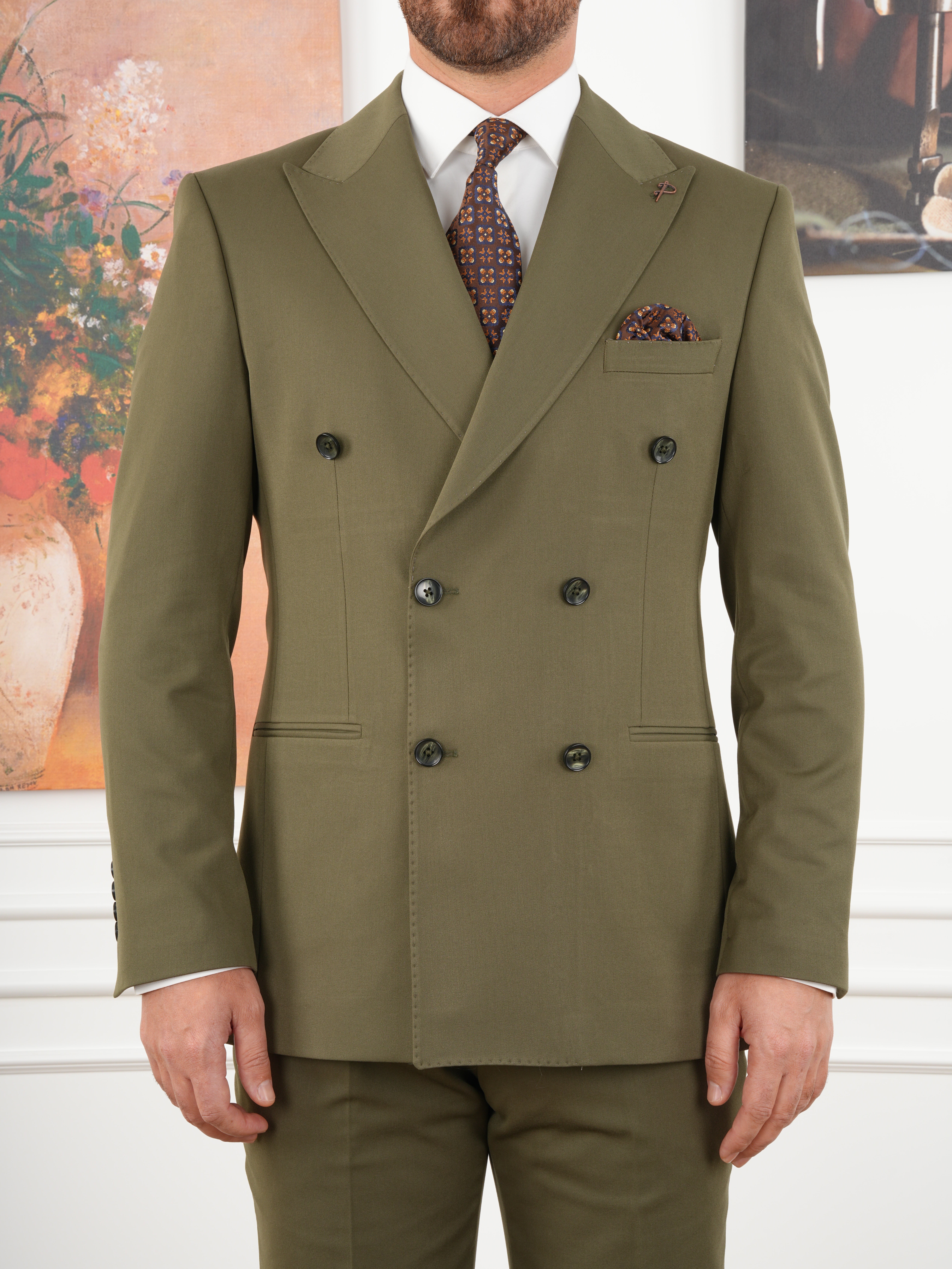 Erkek Slim Fit İtalyan Stil Kruvaze Takım Elbise Ceket Pantolon - Haki