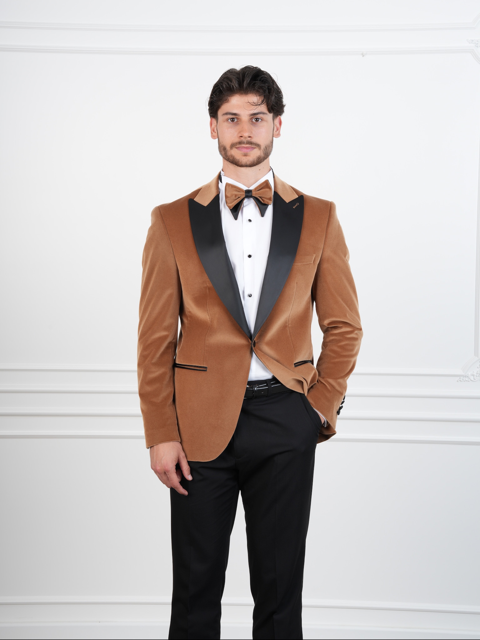 Erkek Premium Kadife Smokin Damatlık İtalyan Stil Slim Fit Ceket Pantolon Papyon - Krem