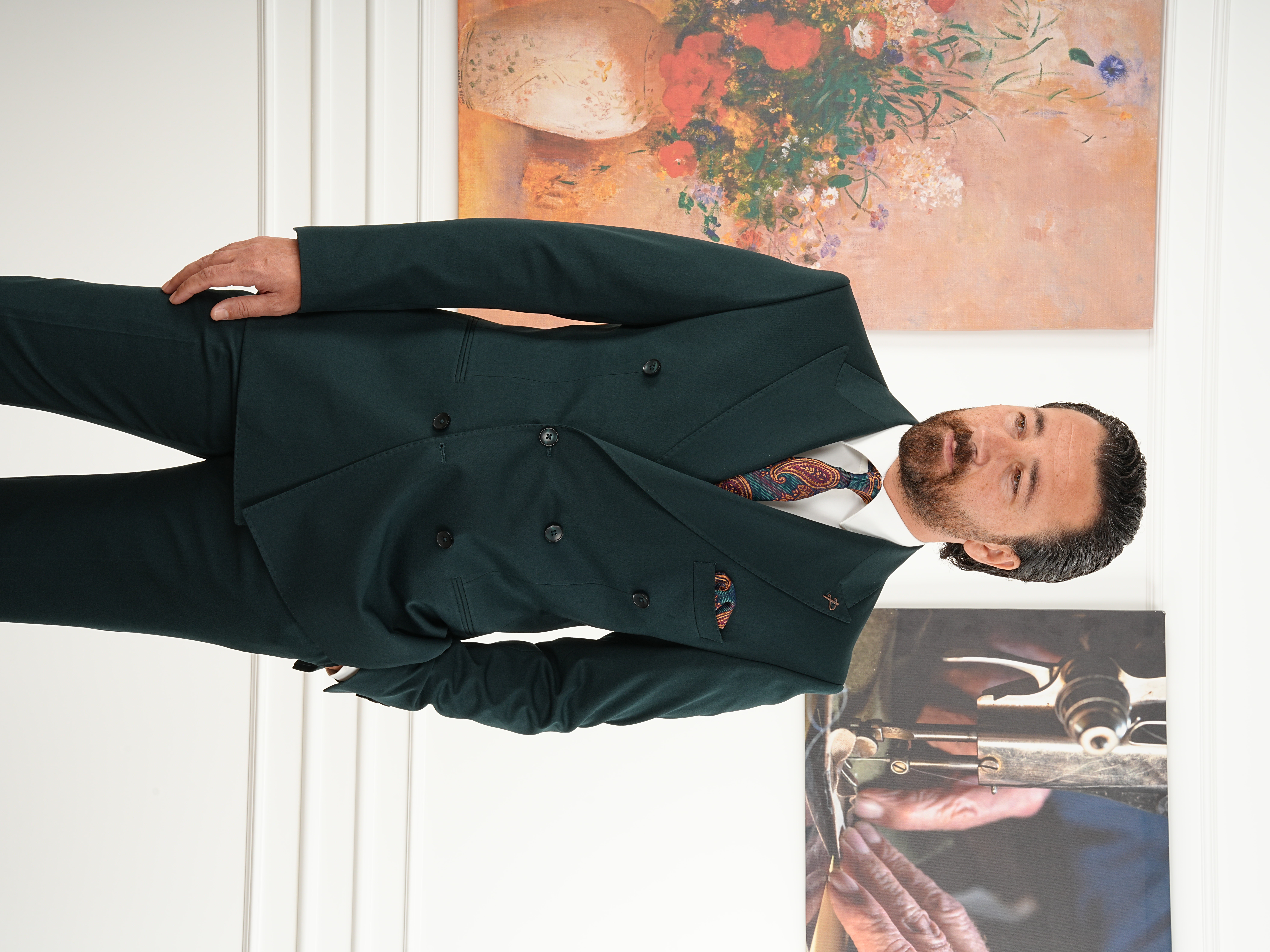 Erkek Slim Fit İtalyan Stil Kruvaze Takım Elbise Ceket Pantolon - Yeşil