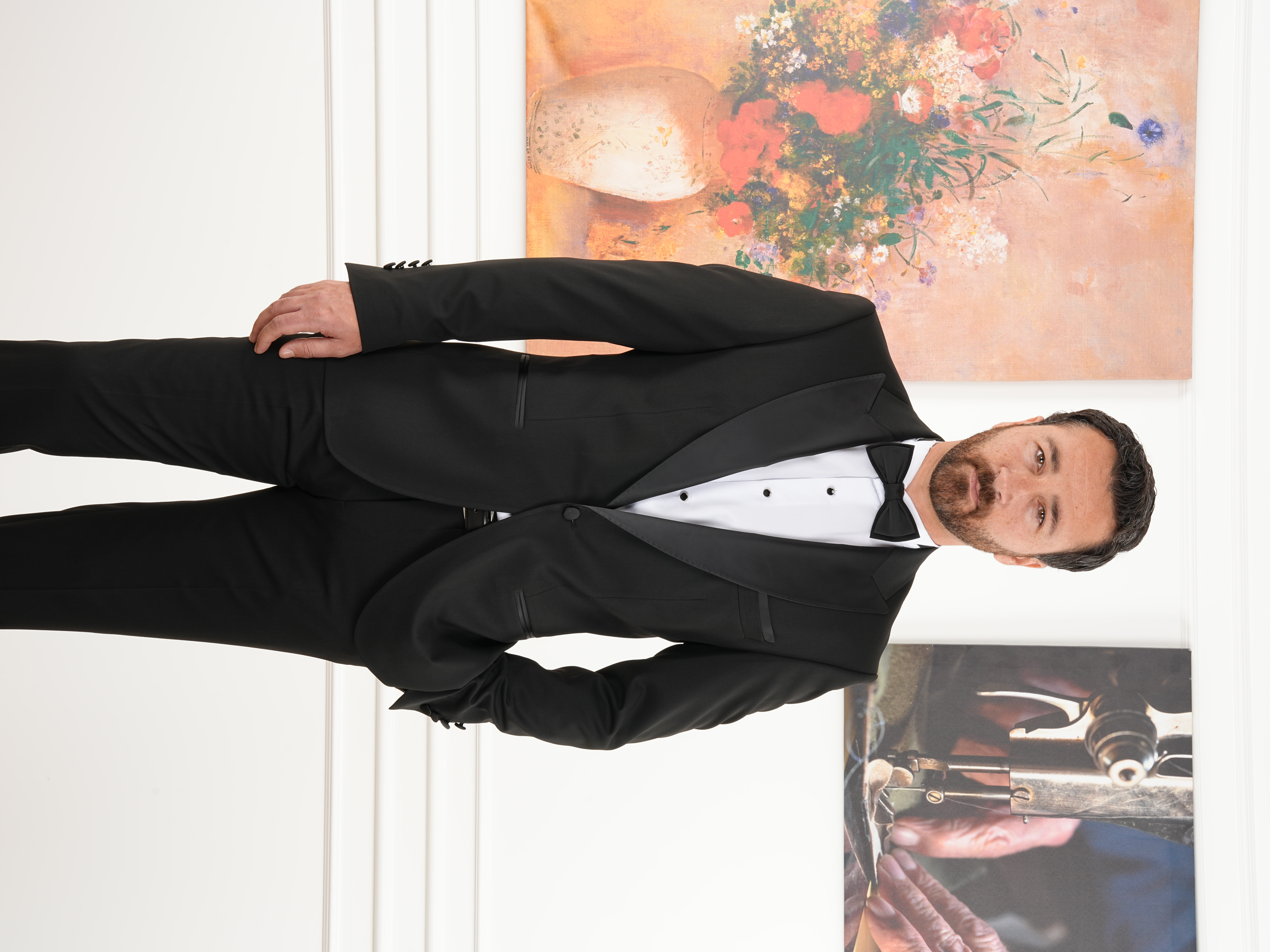 Erkek Smokin Damatlık İtalyan Stil Kırlangıç Yaka Ceket Pantolon Kuşak Papyon-Siyah - Siyah