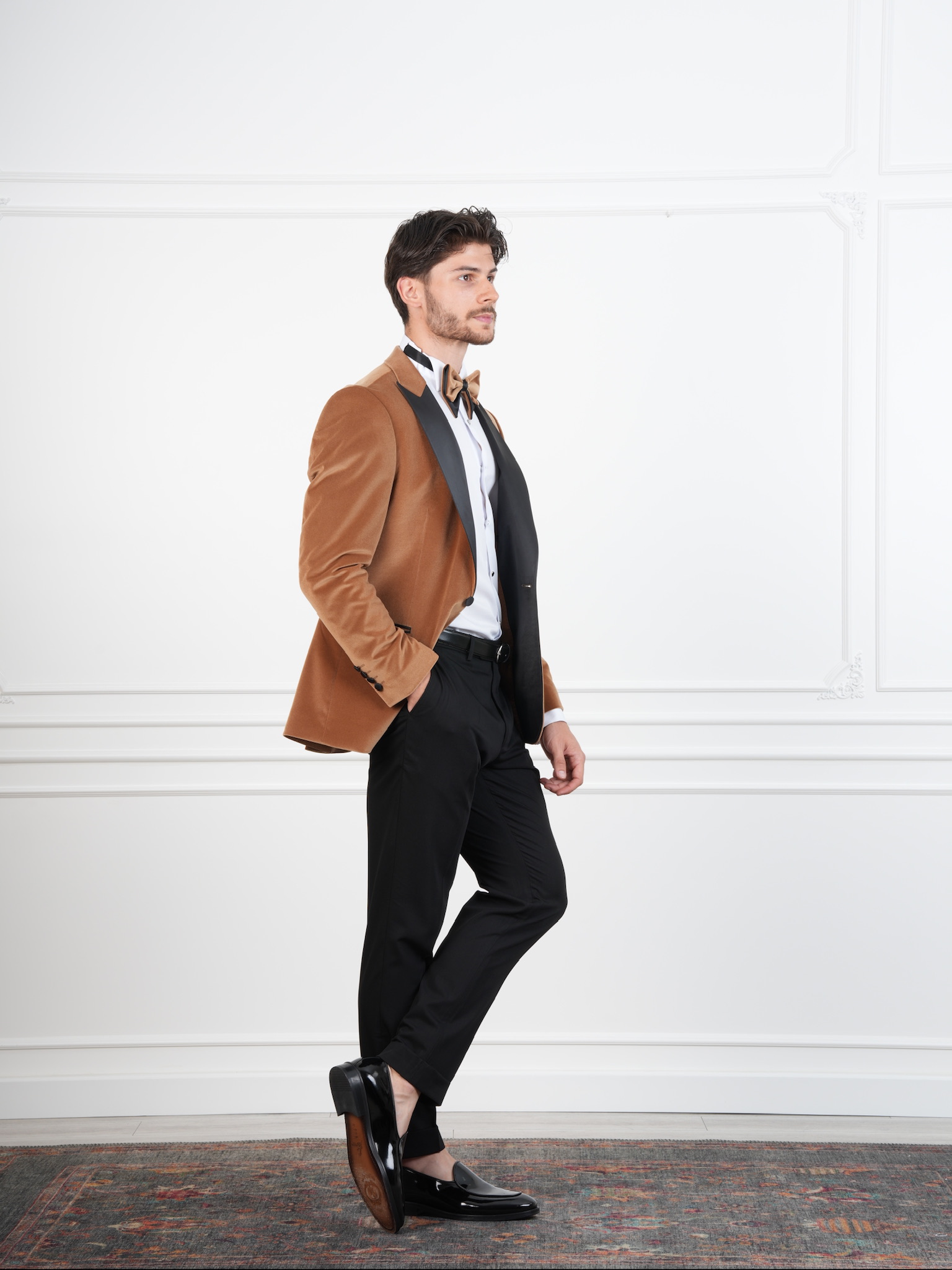 Erkek Premium Kadife Smokin Damatlık İtalyan Stil Slim Fit Ceket Pantolon Papyon - Krem