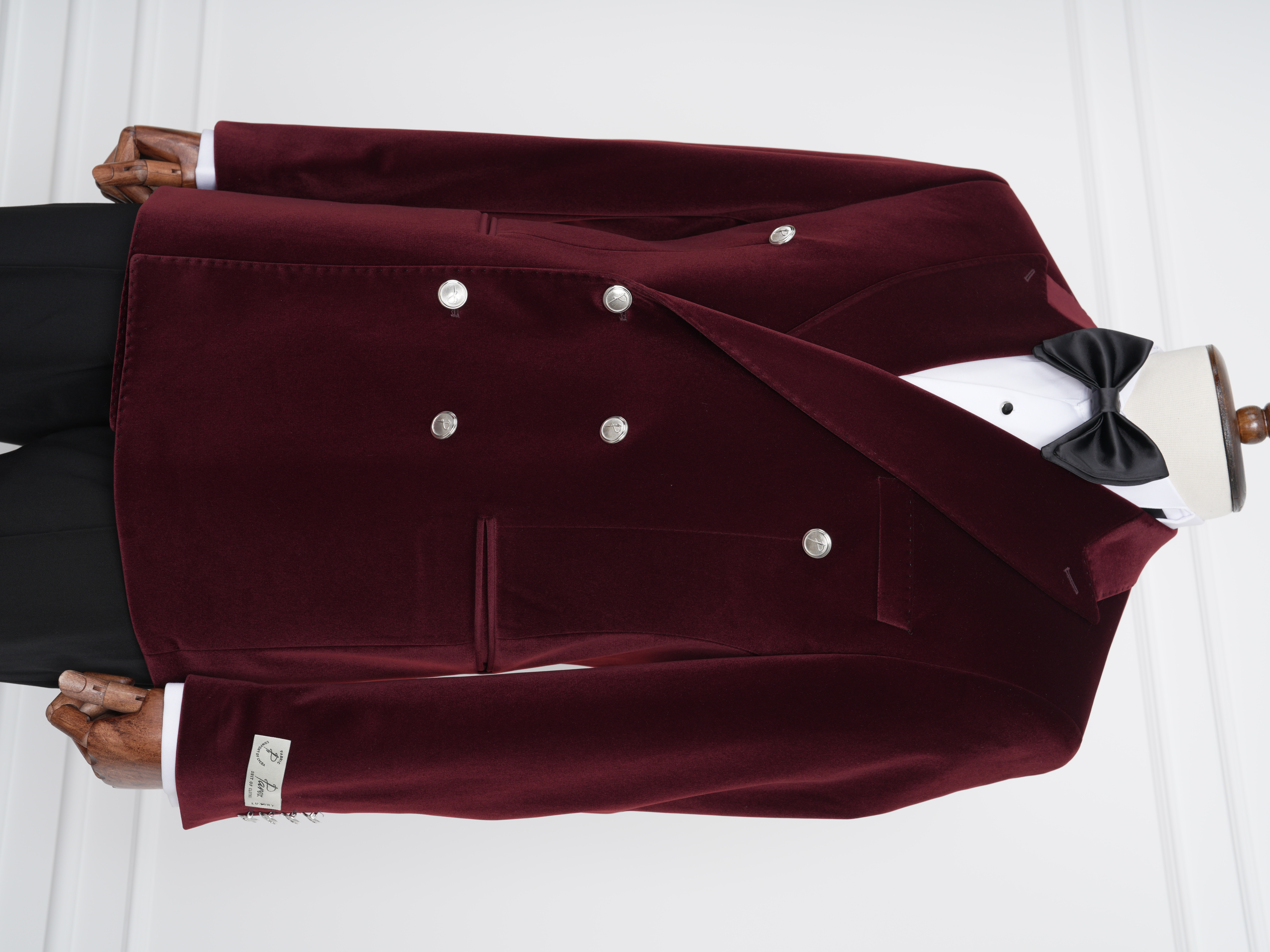 Premium Erkek Kadife Kruvaze Smokin Damatlık Metal Düğme Punto Dikişli Ceket Pantolon Papyon - Bordo