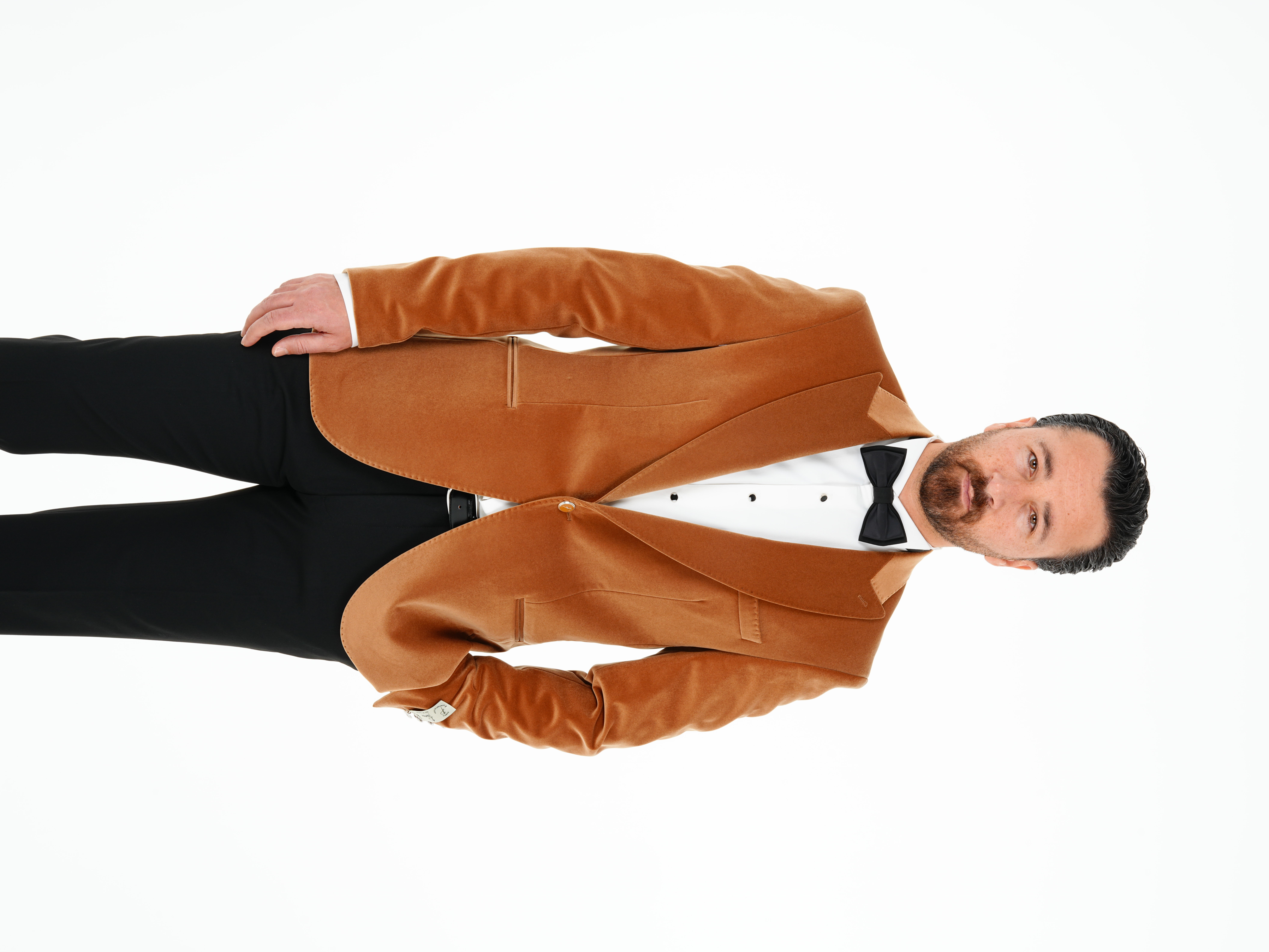 Premium Erkek Kadife Smokin Damatlık Gümüş Düğme Punto Dikişli Ceket Pantolon Papyon - Krem