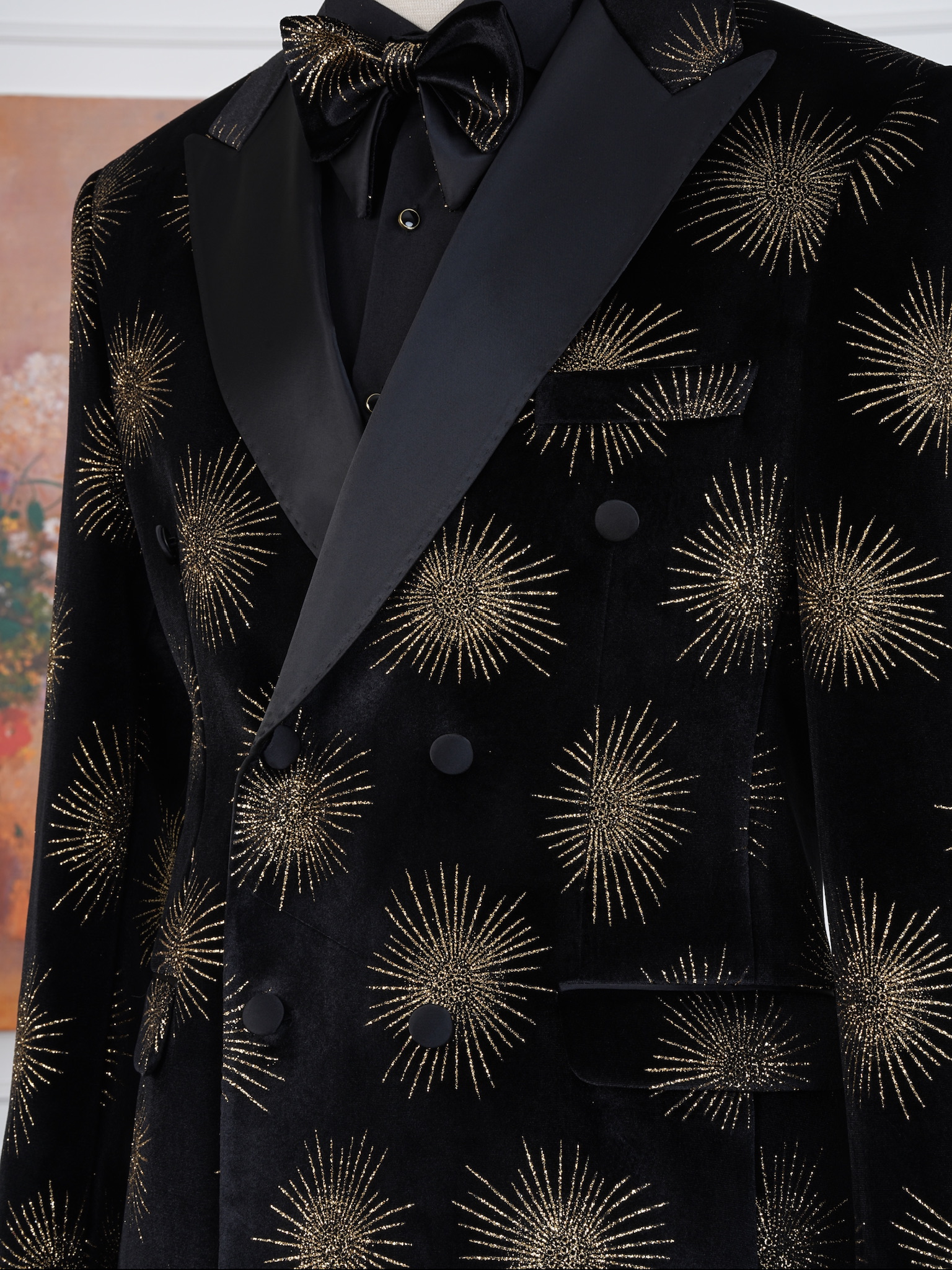 Premium Erkek Slim Fit İtalyan Stil Desenli Smokin Damatlık - Siyah