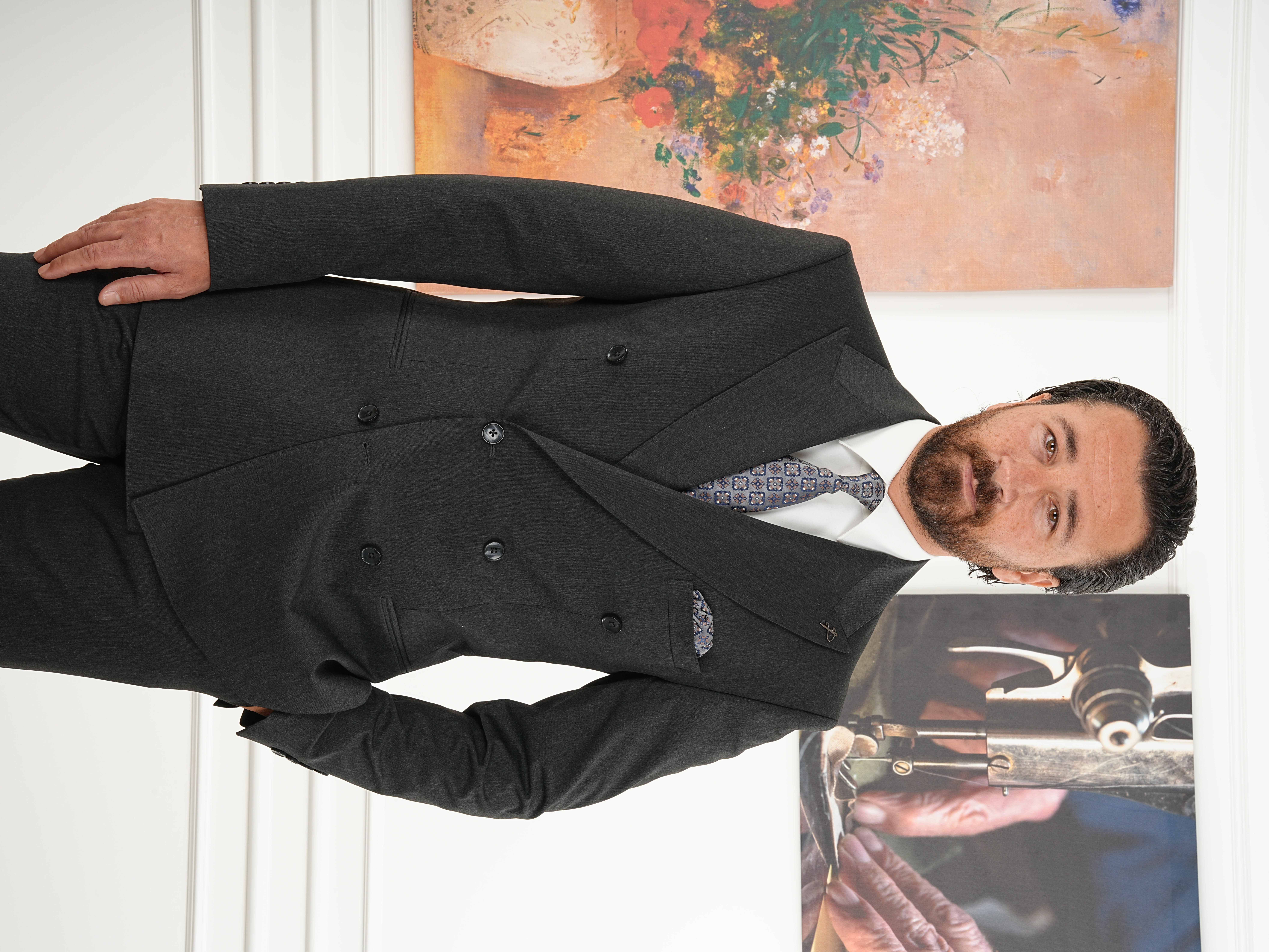 Erkek Slim Fit İtalyan Stil Kruvaze Takım Elbise Ceket Pantolon - Antrasit