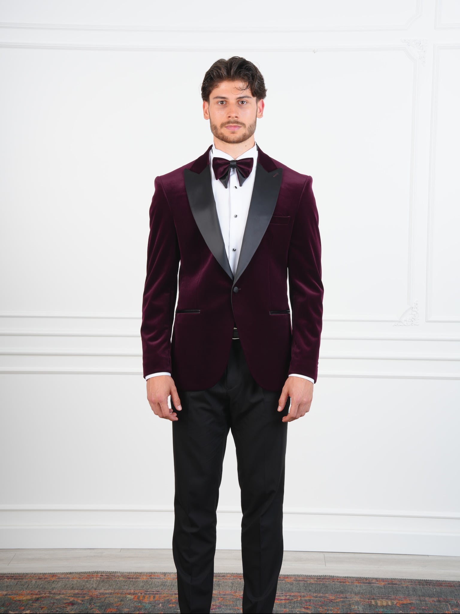 Erkek Premium Kadife Smokin Damatlık İtalyan Stil Slim Fit Ceket Pantolon Papyon - Mor