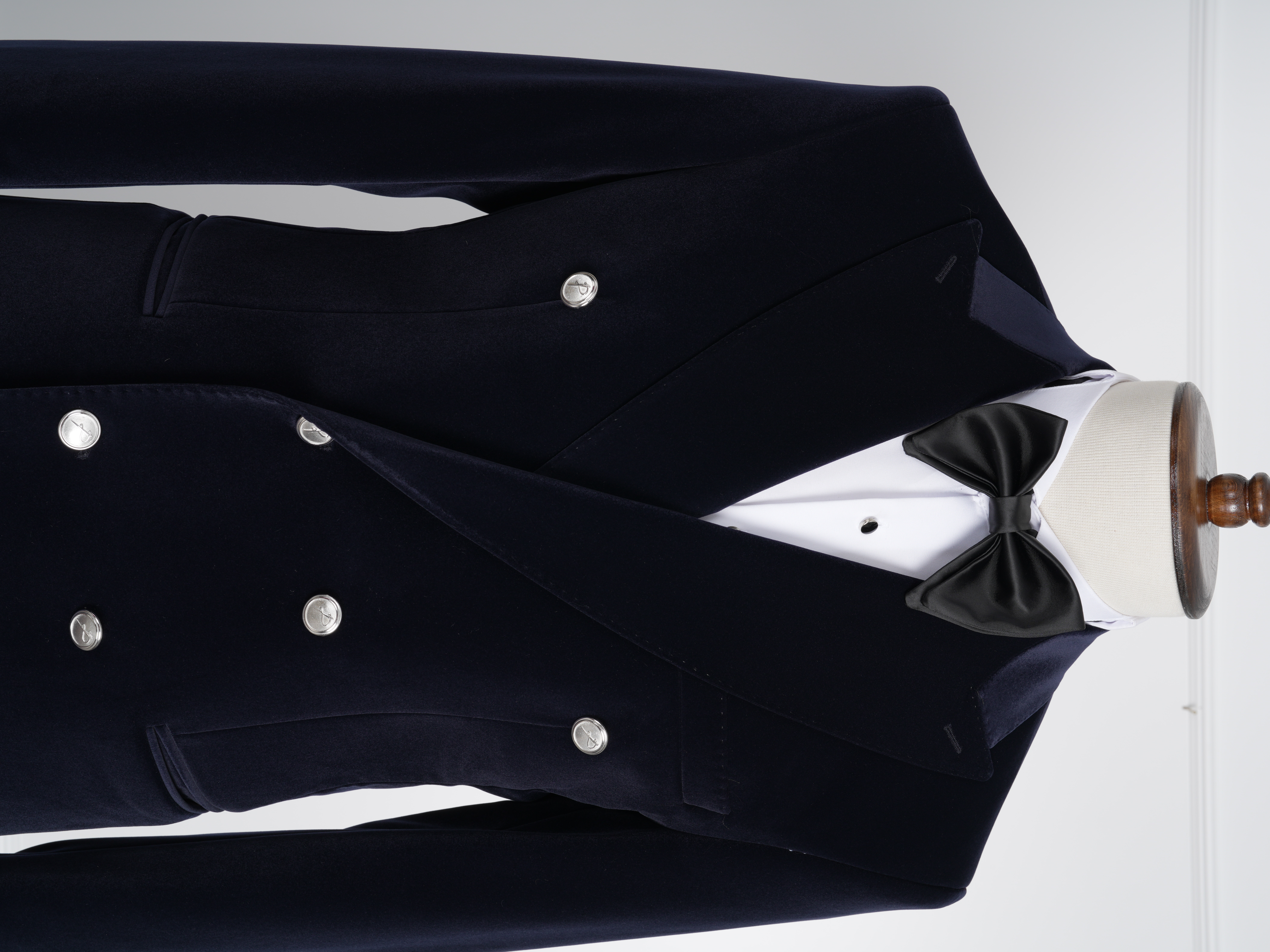 Premium Erkek Kadife Kruvaze Smokin Damatlık Metal Düğme Punto Dikişli Ceket Pantolon Papyon - Lacivert