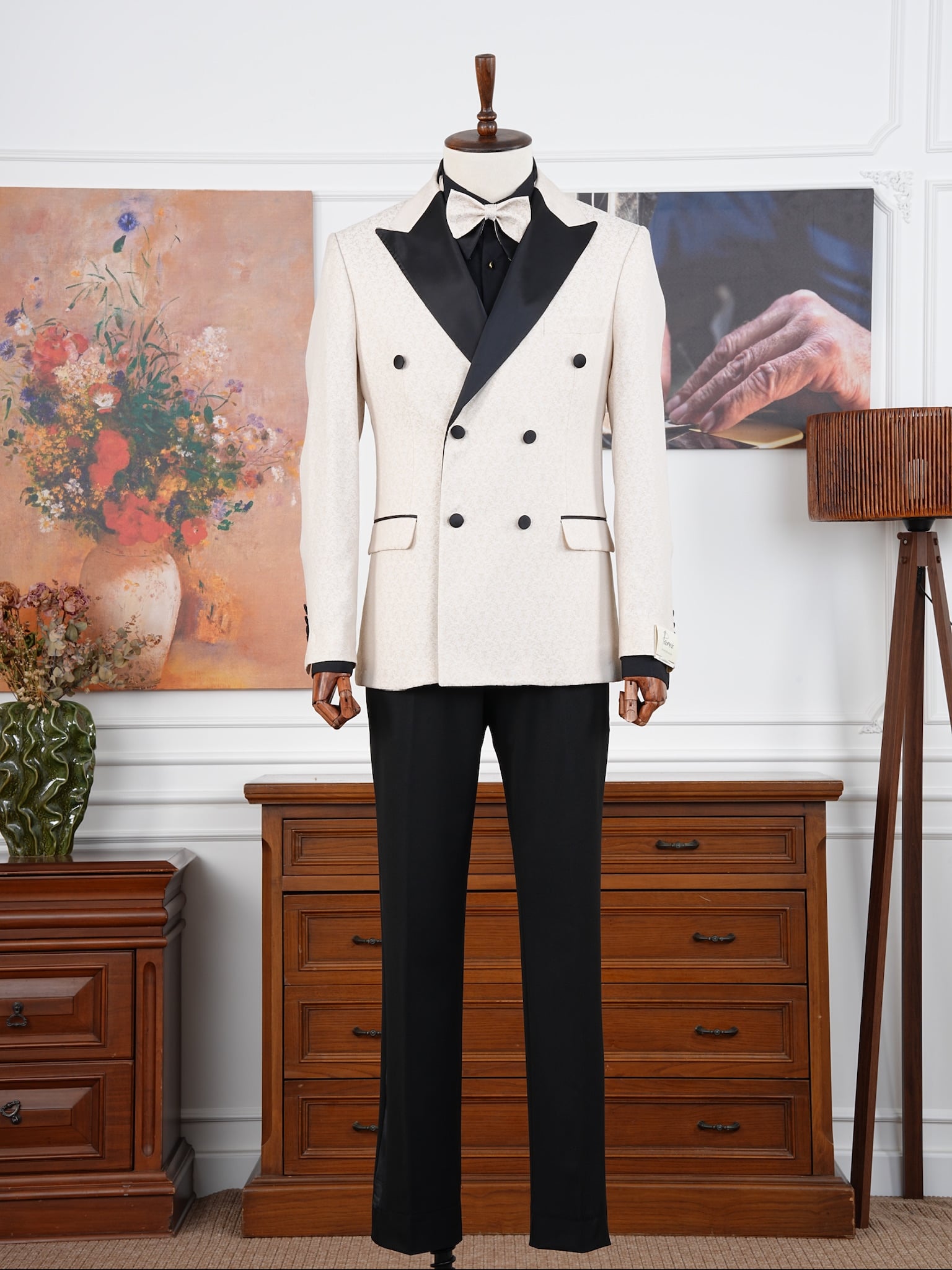 Premium Erkek Slim Fit İtalyan Stil Jakar Desenli Kruvaze Smokin Damatlık - Krem