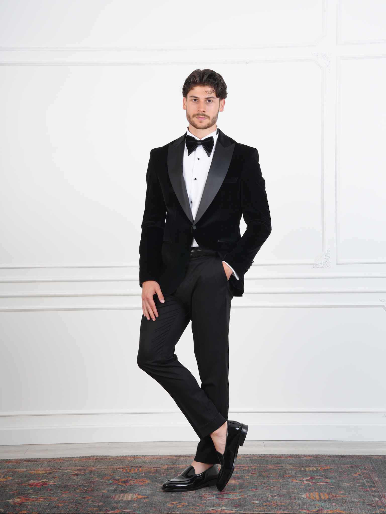 Erkek Premium Kadife Smokin Damatlık İtalyan Stil Slim Fit Ceket Pantolon Papyon - Siyah