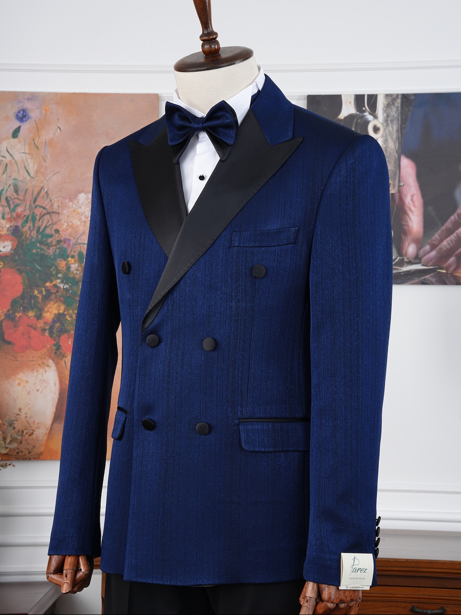Erkek Slim Fit İtalyan Stil Kendinden Desenli Kruvaze Smokin Damatlık - Lacivert
