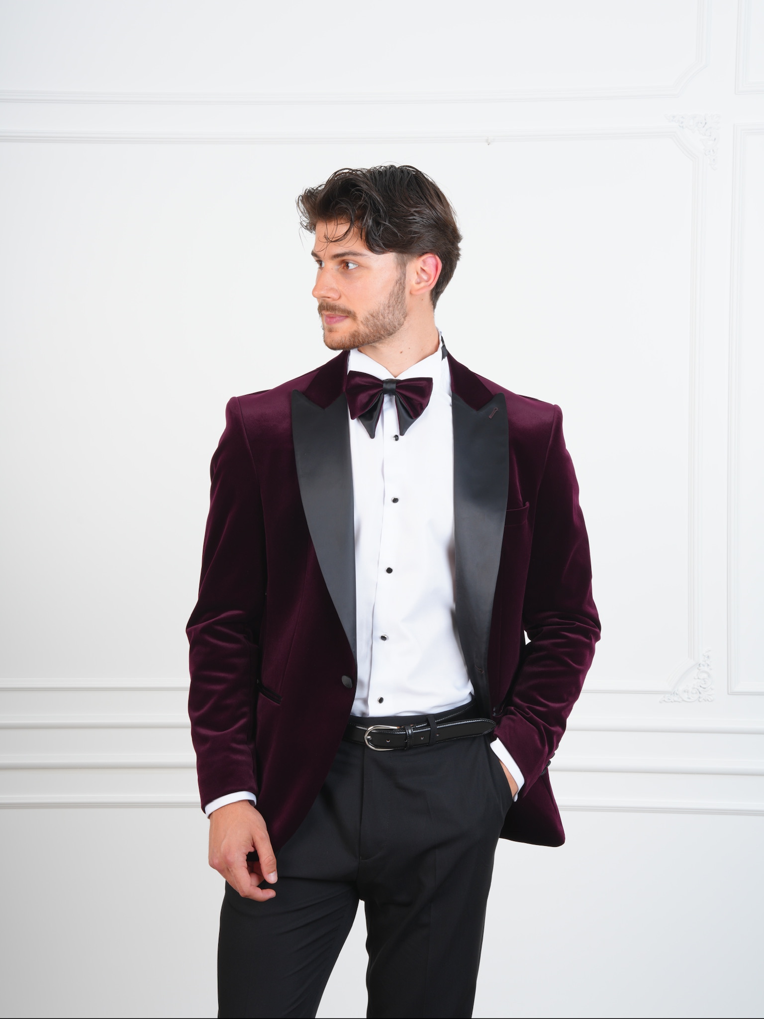 Erkek Premium Kadife Smokin Damatlık İtalyan Stil Slim Fit Ceket Pantolon Papyon - Mor