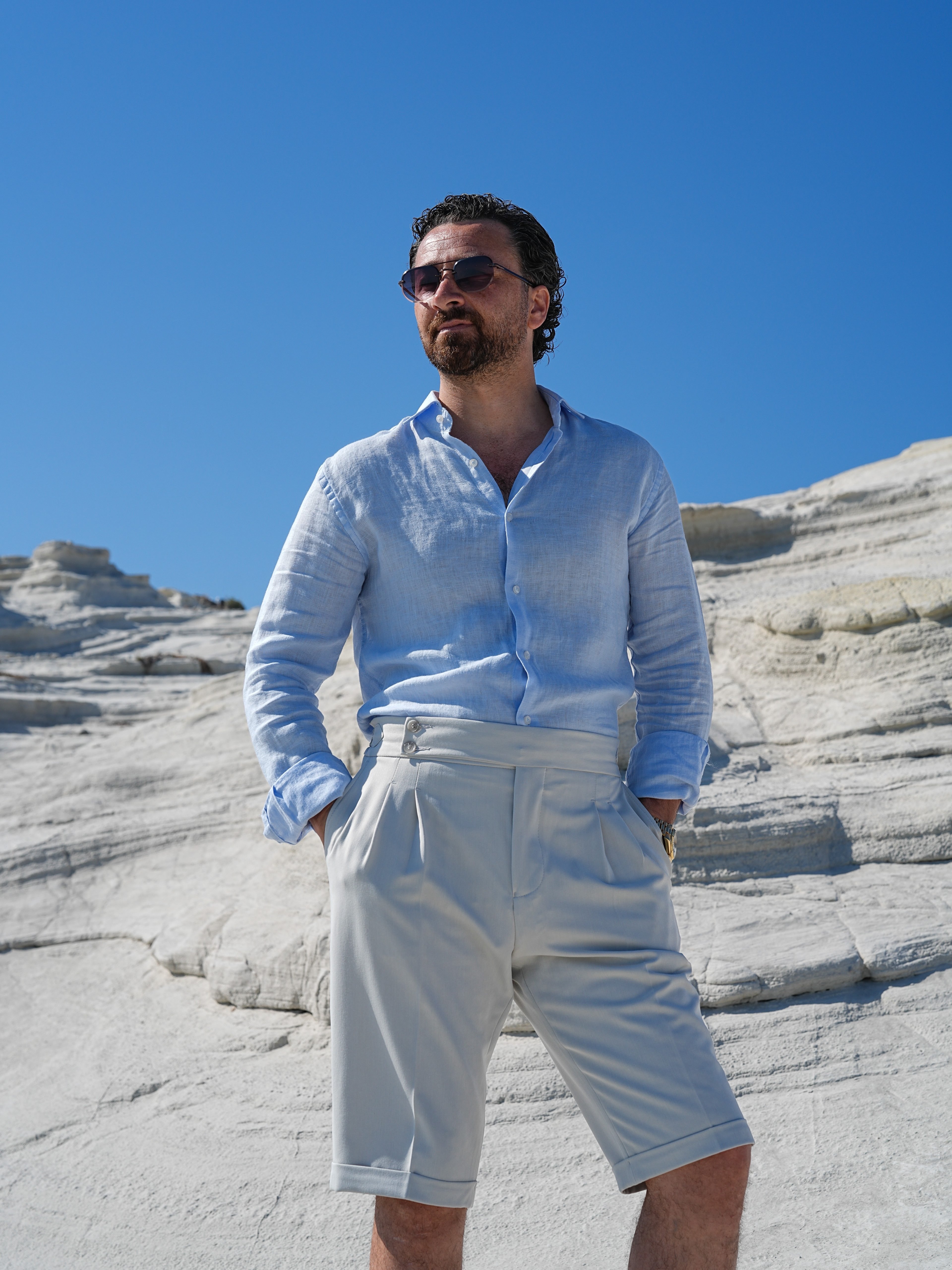 PAREZ Regular Fit Linen Shirt - Ice Blue