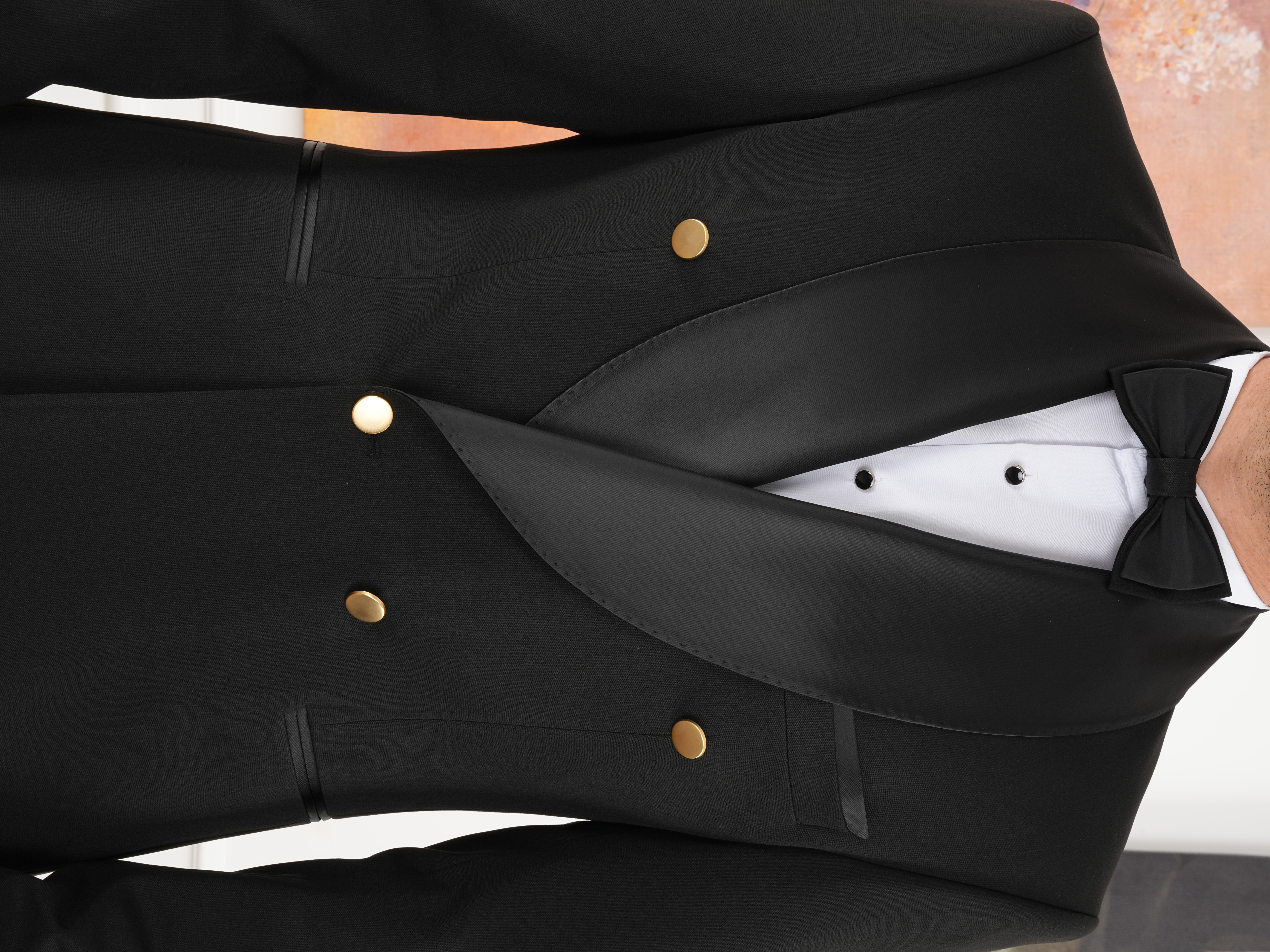 Premium Erkek Slim Fit İtalyan Stil Kruvaze Smokin Puntolu Şal Yaka Damatlık Ceket Pantolon Papyon - Siyah