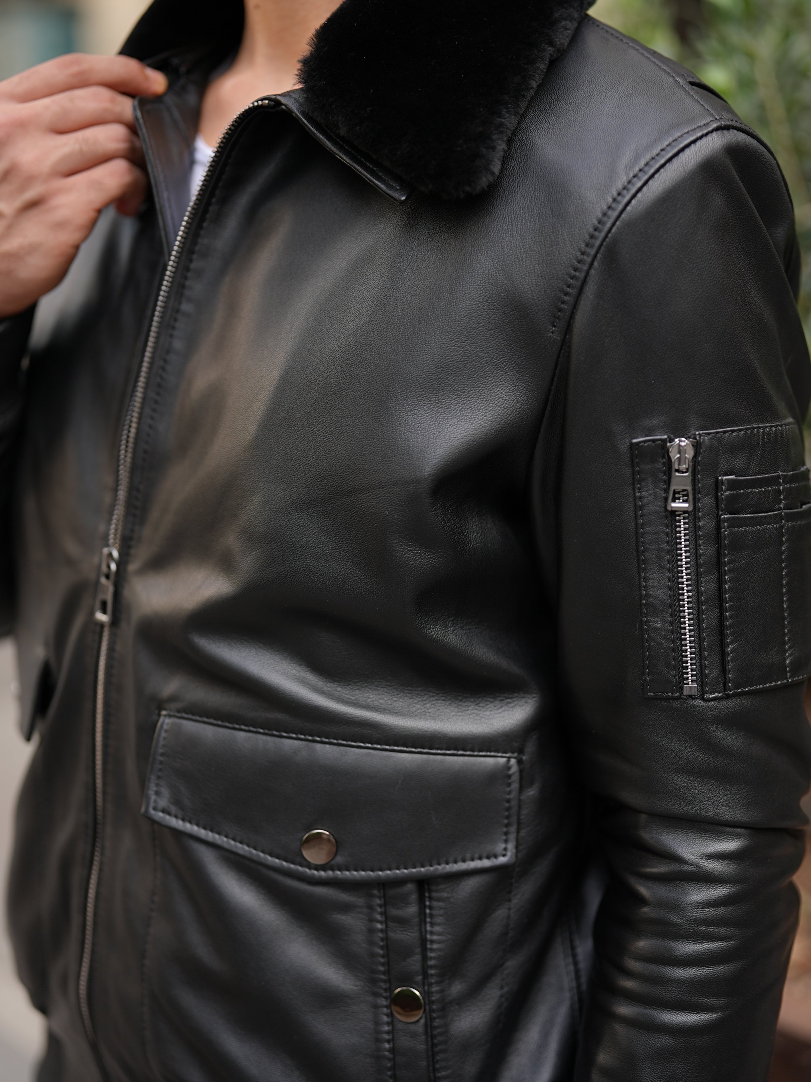 Erkek Standart Fit %100 Hakiki Kuzu Deri Mont-Siyah - Siyah