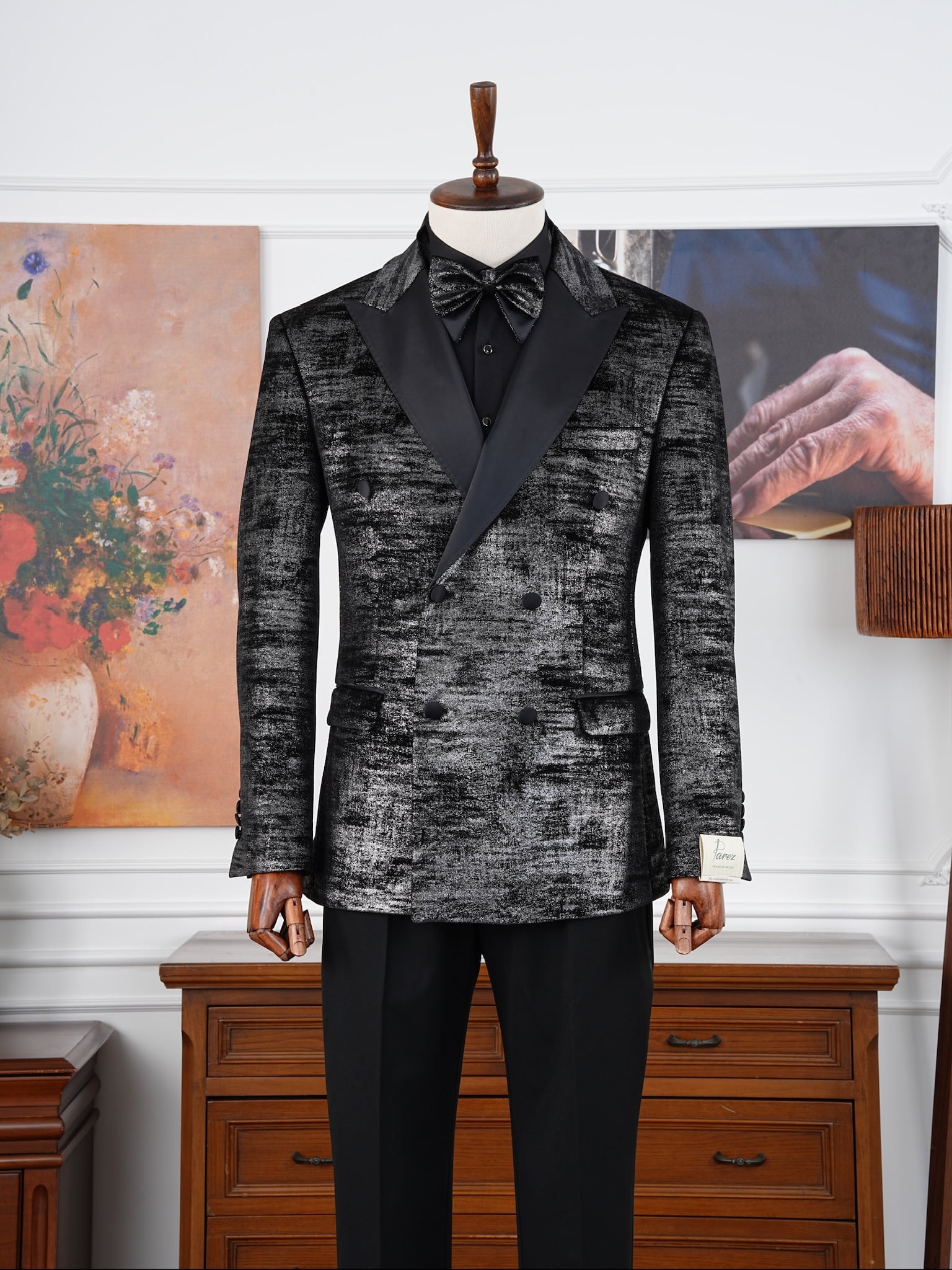 Premium Mens Slim Fit Italian Style Patterned Double Breasted Tuxedo Groom Suit - Black