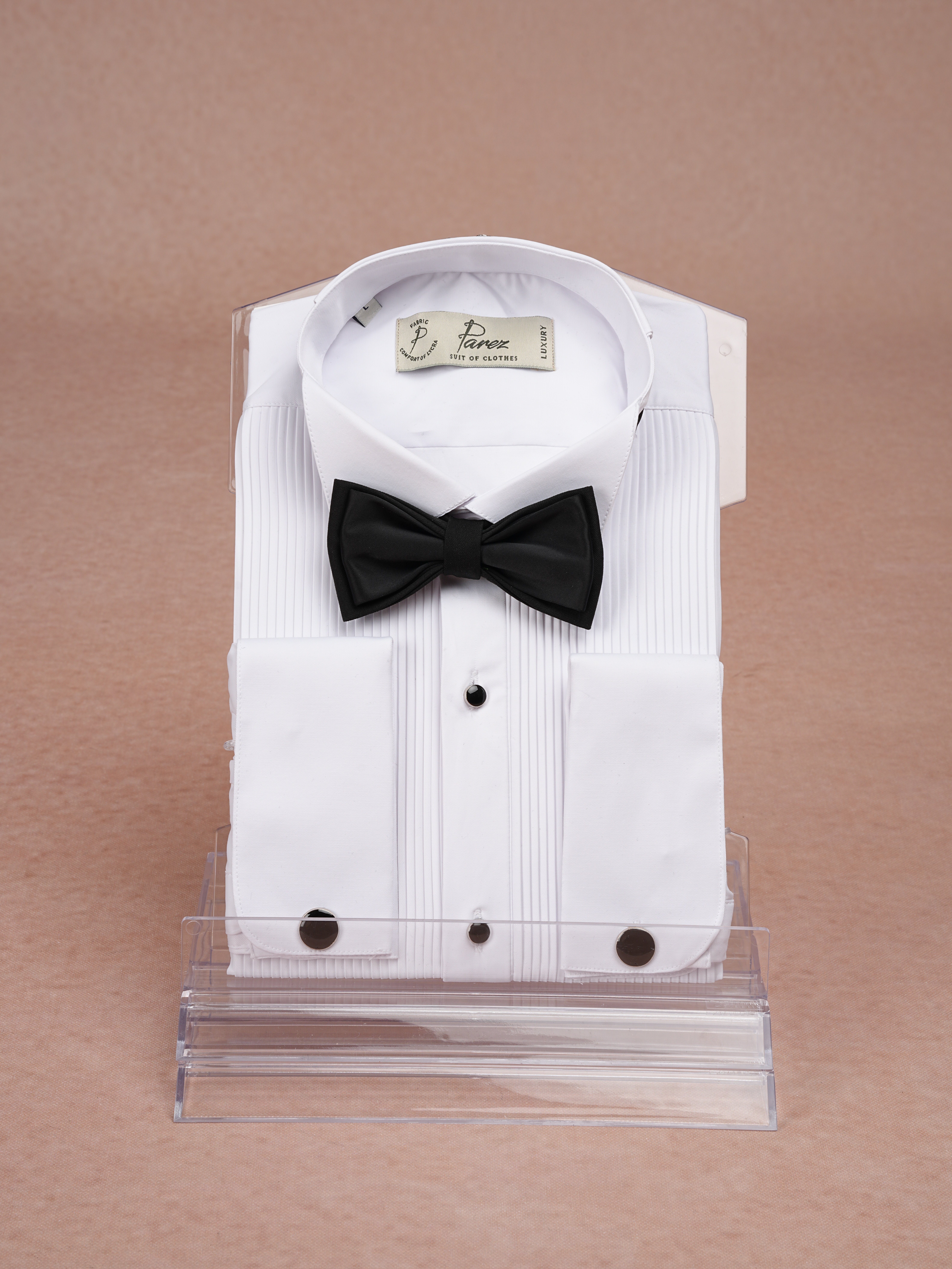 Mens Premium Slim Fit Stand Collar Pleated Shirt - White