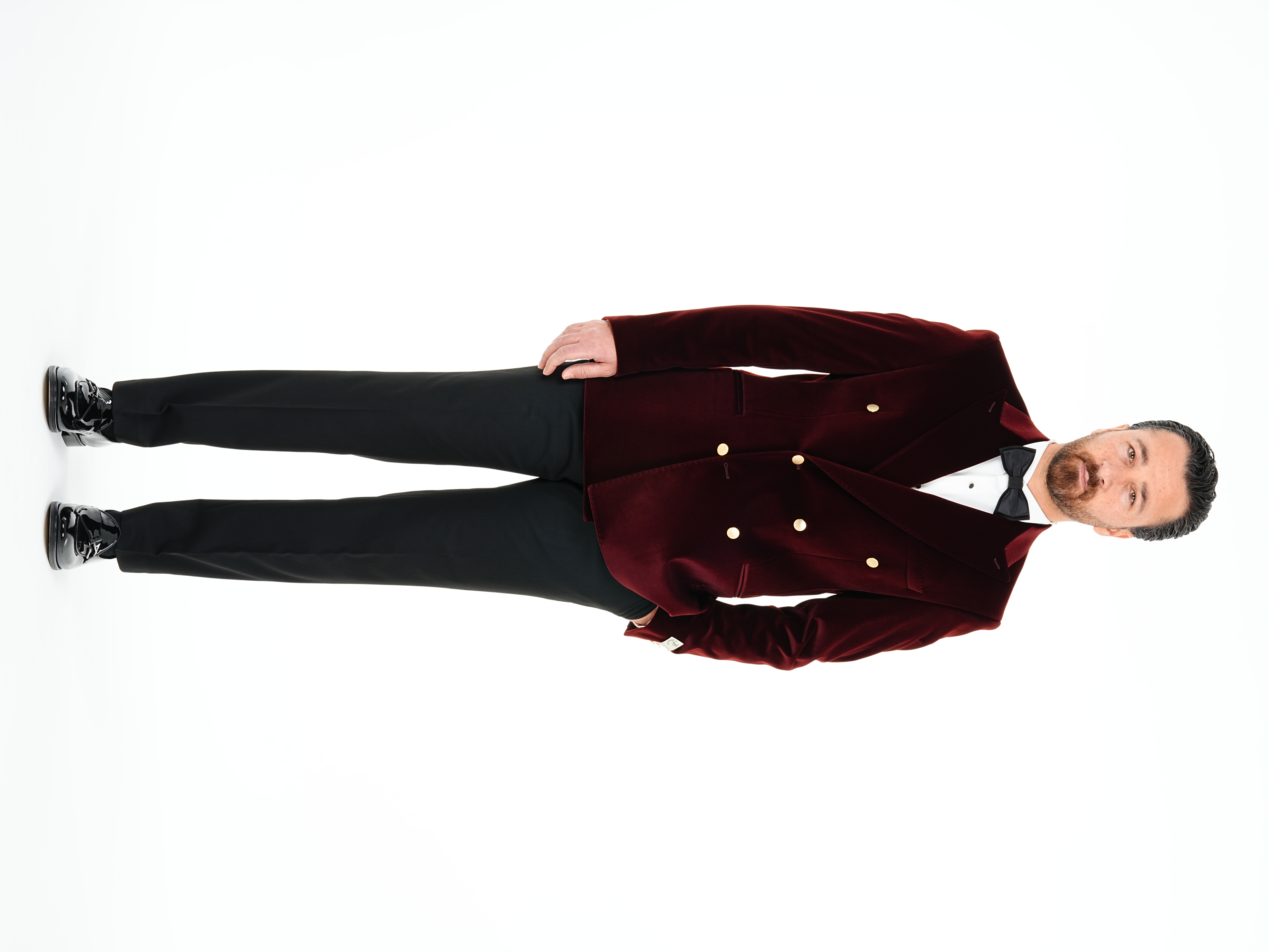 Premium Erkek Kadife Kruvaze Smokin Damatlık Gold Düğme Punto Dikişli Ceket Pantolon Papyon - Bordo