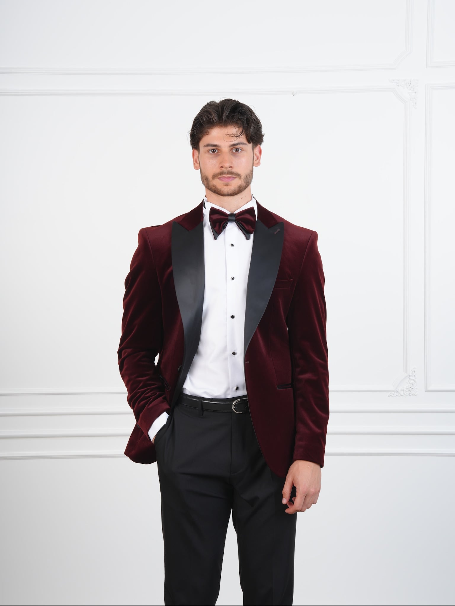 Erkek Premium Kadife Smokin Damatlık İtalyan Stil Slim Fit Ceket Pantolon Papyon - Bordo