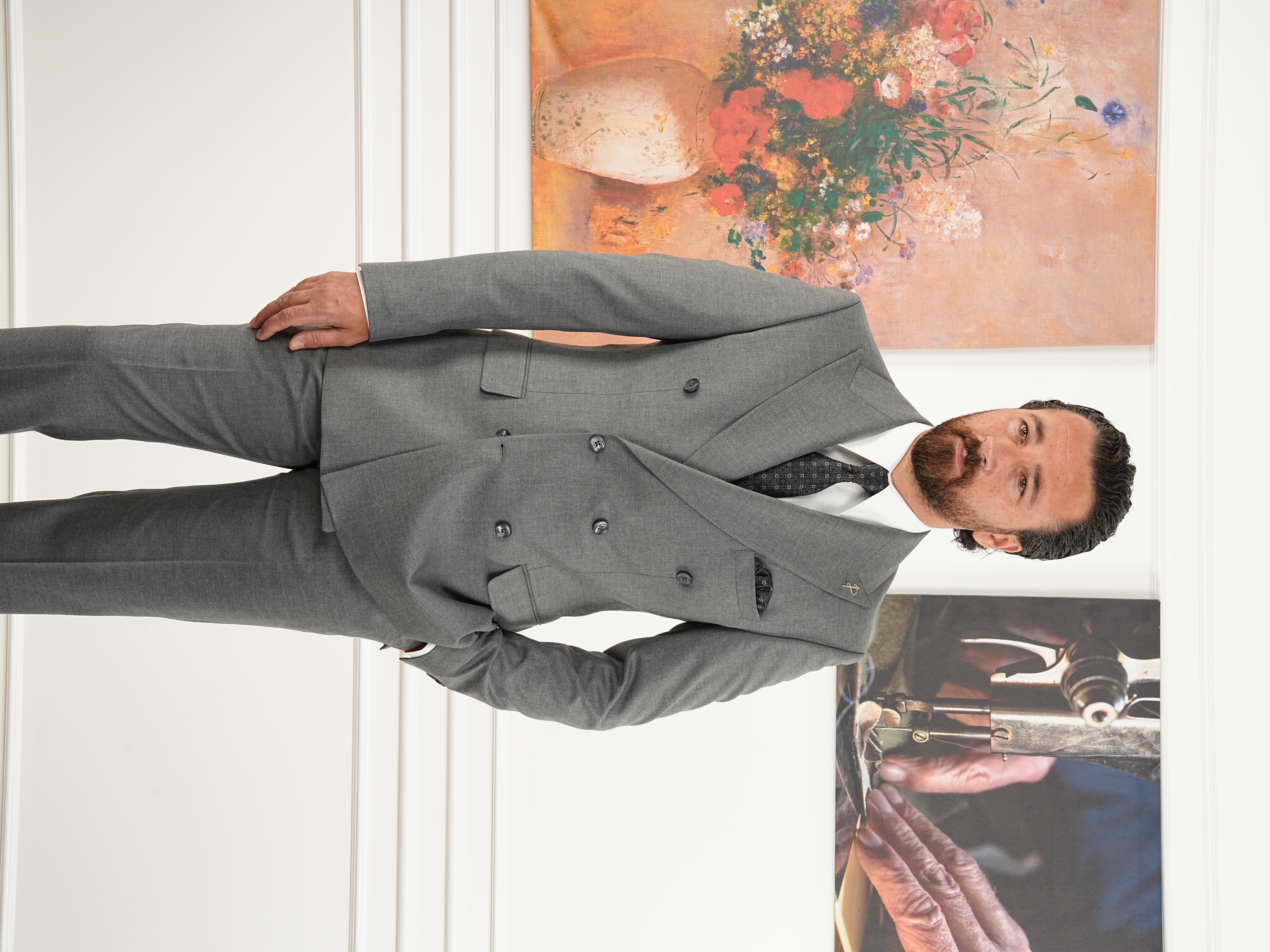 Erkek Slim Fit İtalyan Stil Kruvaze Takım Elbise Ceket Pantolon - Gri