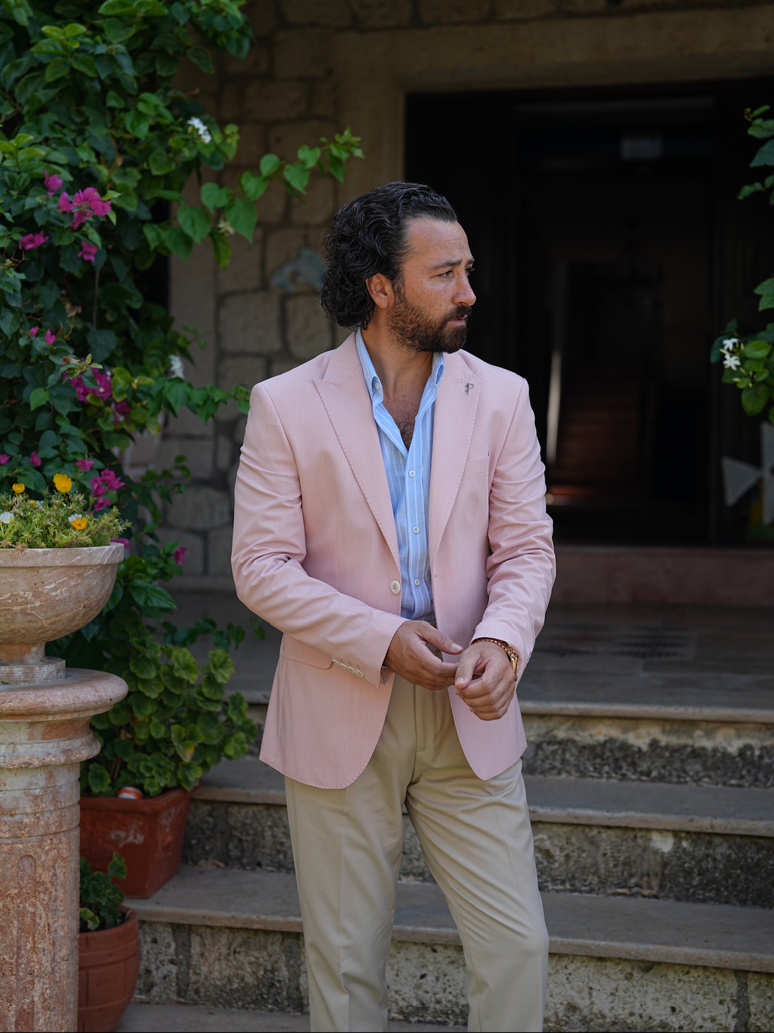 Erkek Premium İtalyan Stil Slim Fit Erkek Punto Dikişli Torba Cepli Yarım Astarlı Ceket - Pembe