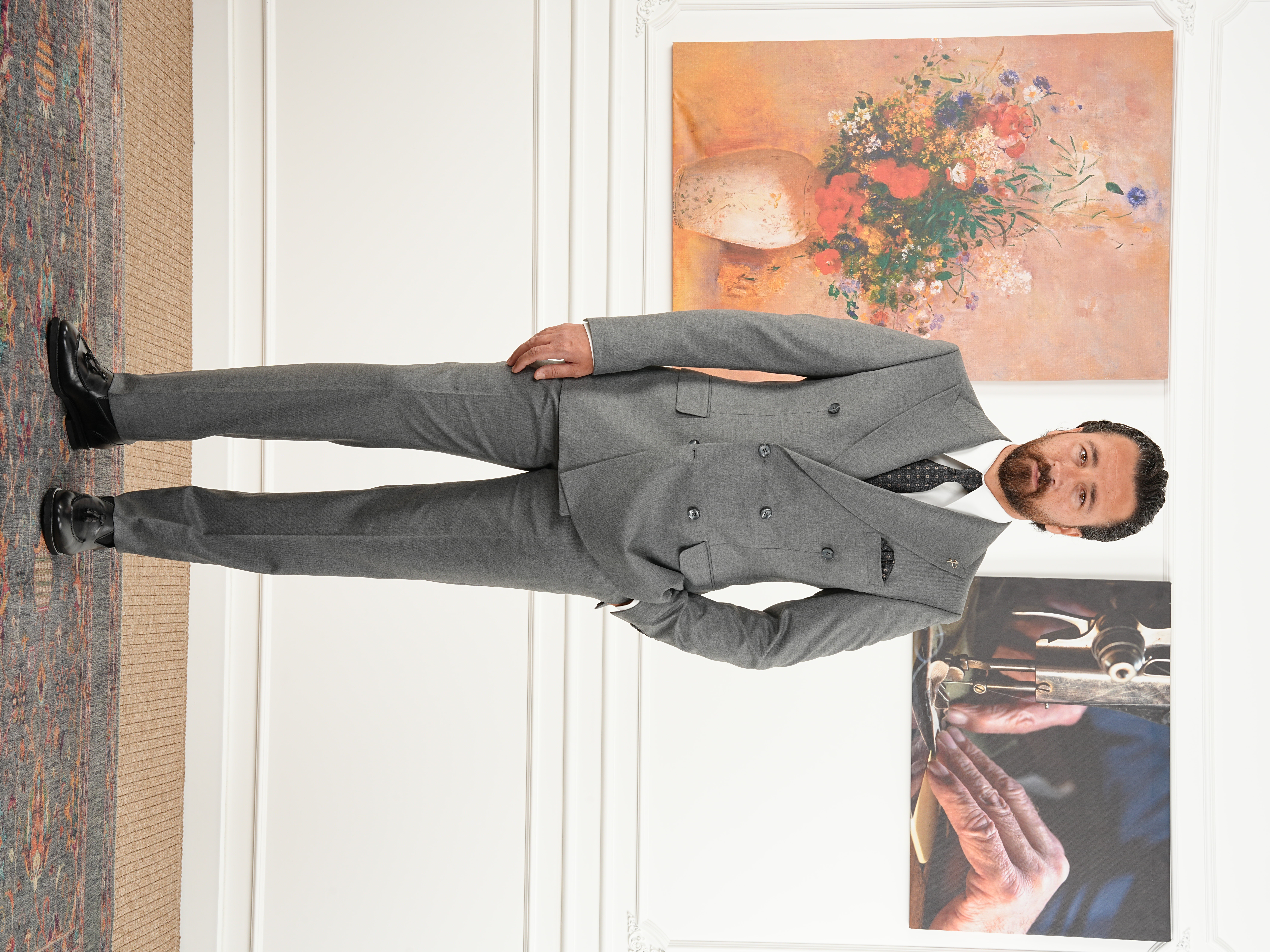 Erkek Slim Fit İtalyan Stil Kruvaze Takım Elbise Ceket Pantolon - Gri