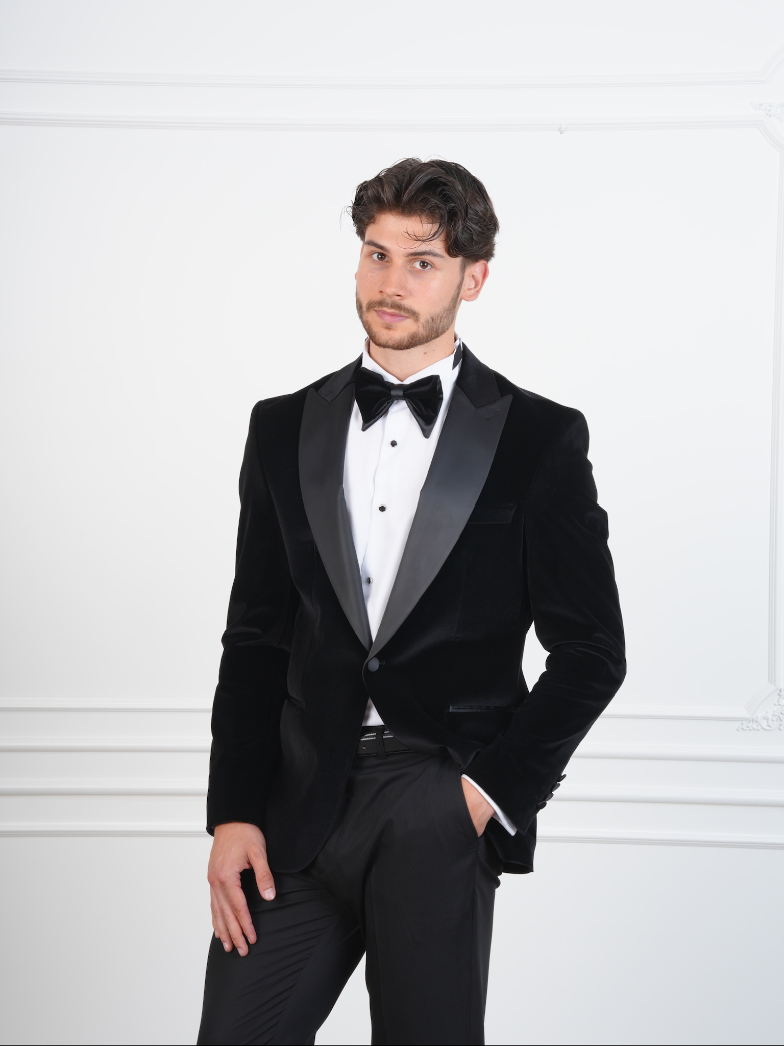 Erkek Premium Kadife Smokin Damatlık İtalyan Stil Slim Fit Ceket Pantolon Papyon - Siyah