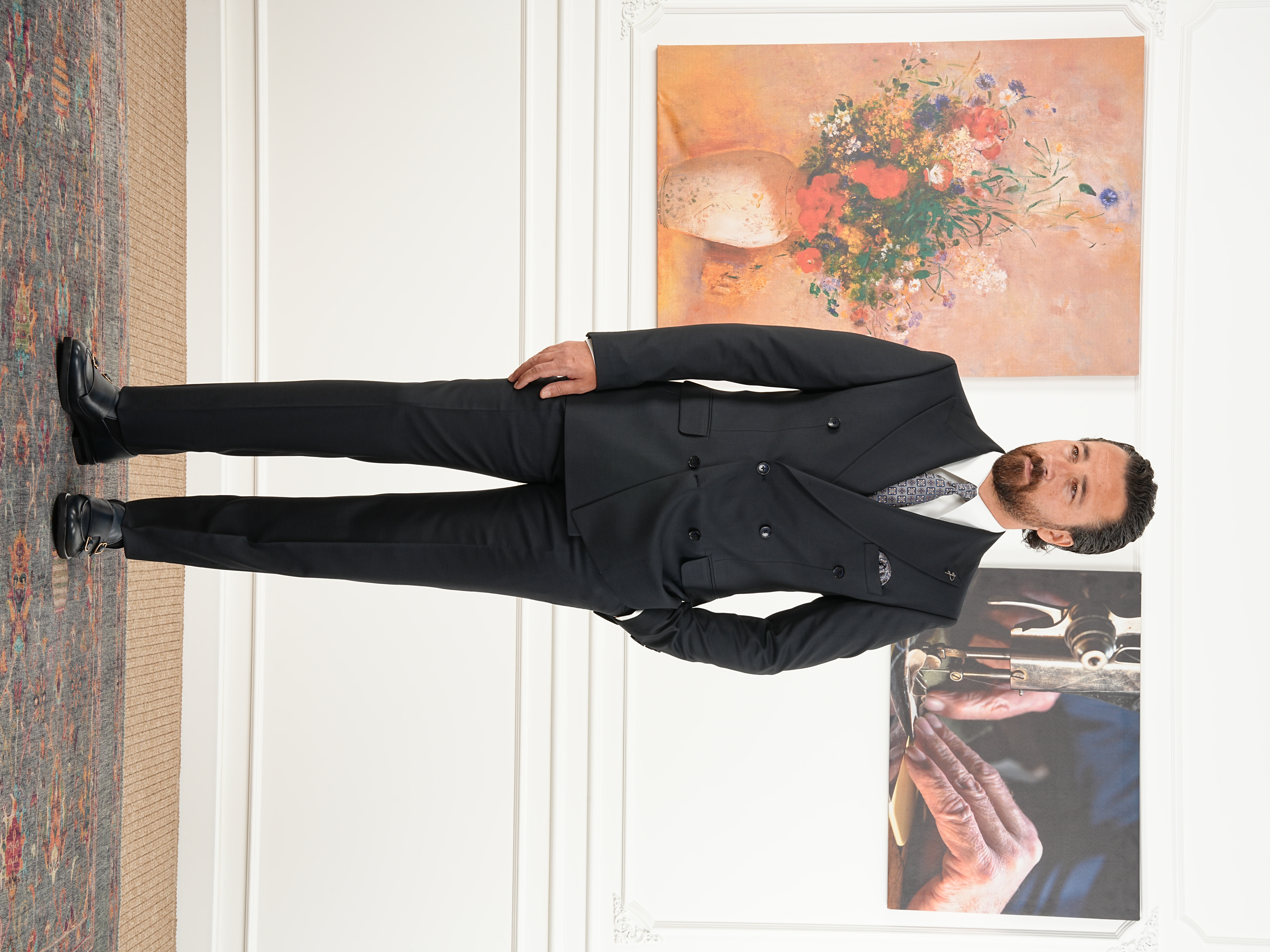 Erkek Slim Fit İtalyan Stil Kruvaze Takım Elbise Ceket Pantolon - Koyu Lacivert