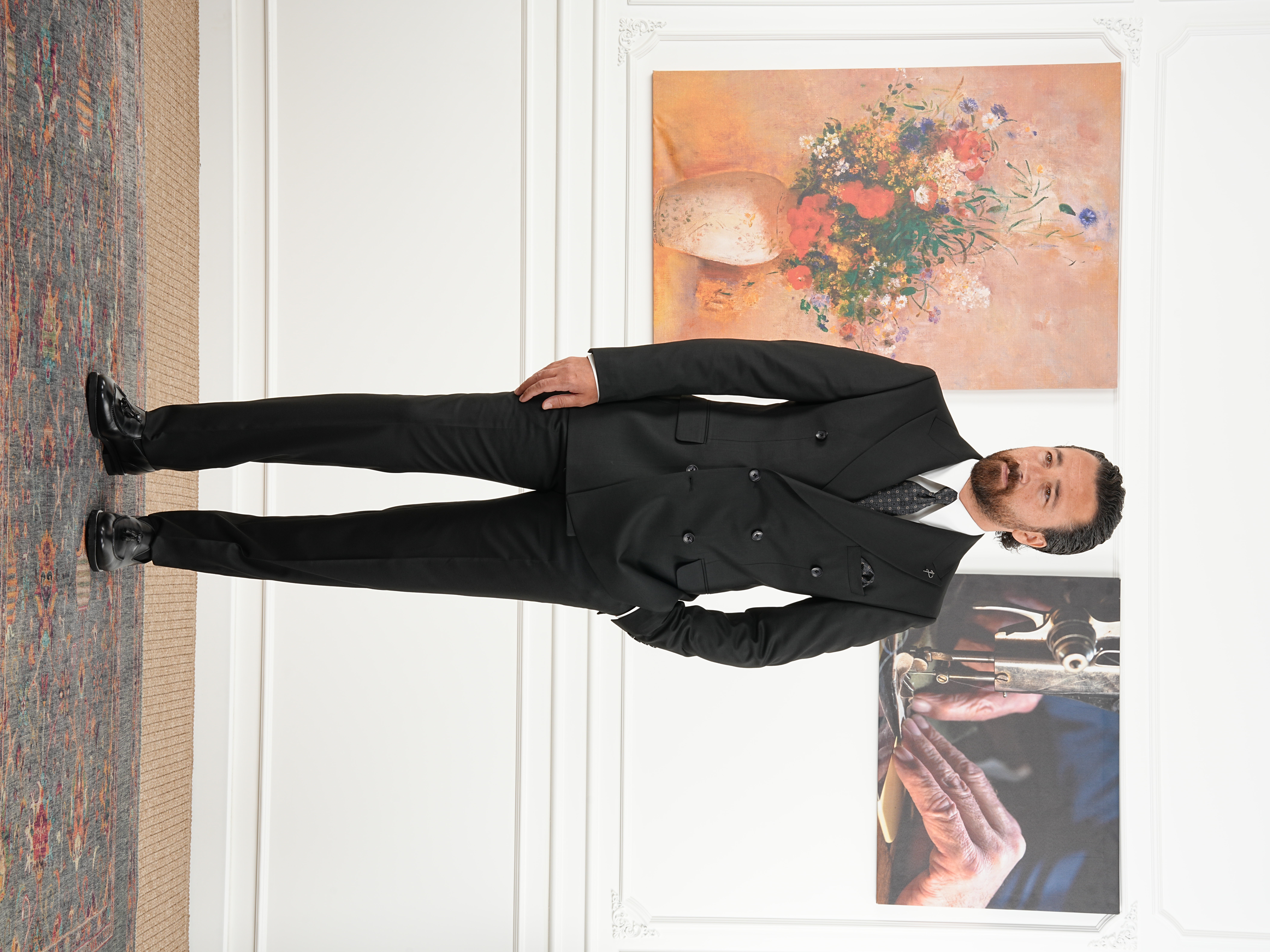 Erkek Slim Fit İtalyan Stil Kruvaze Takım Elbise Ceket Pantolon - Siyah