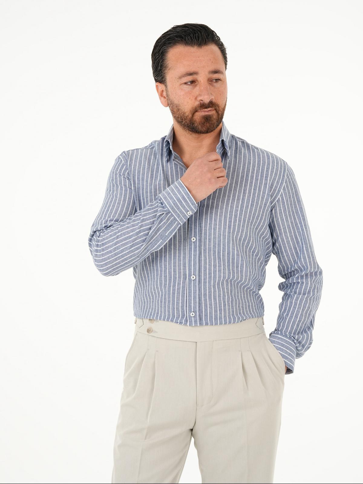 Premium Erkek Regular Fit Çizgili Keten Gömlek - Lacivert