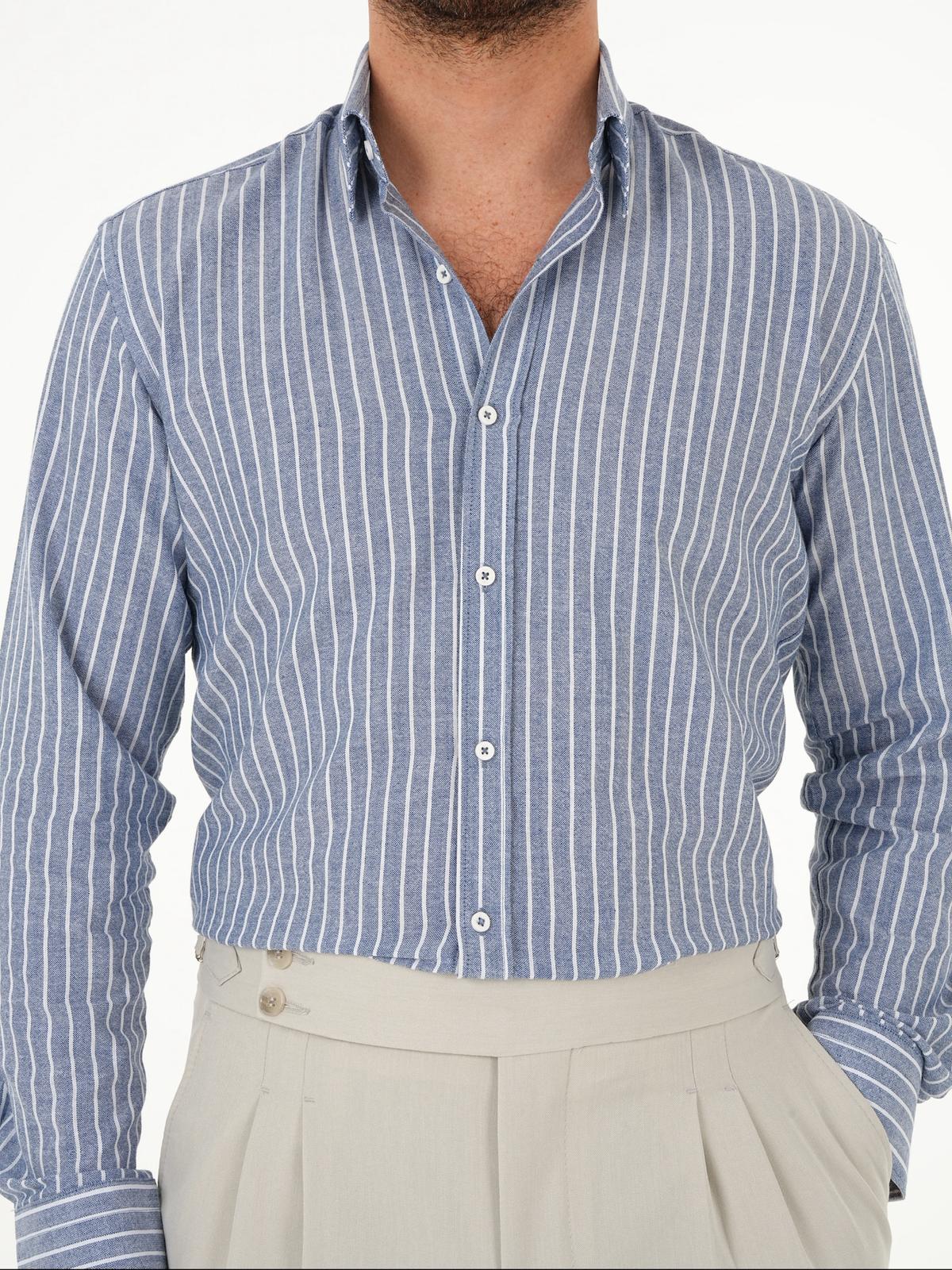 Premium Erkek Regular Fit Çizgili Keten Gömlek - Lacivert