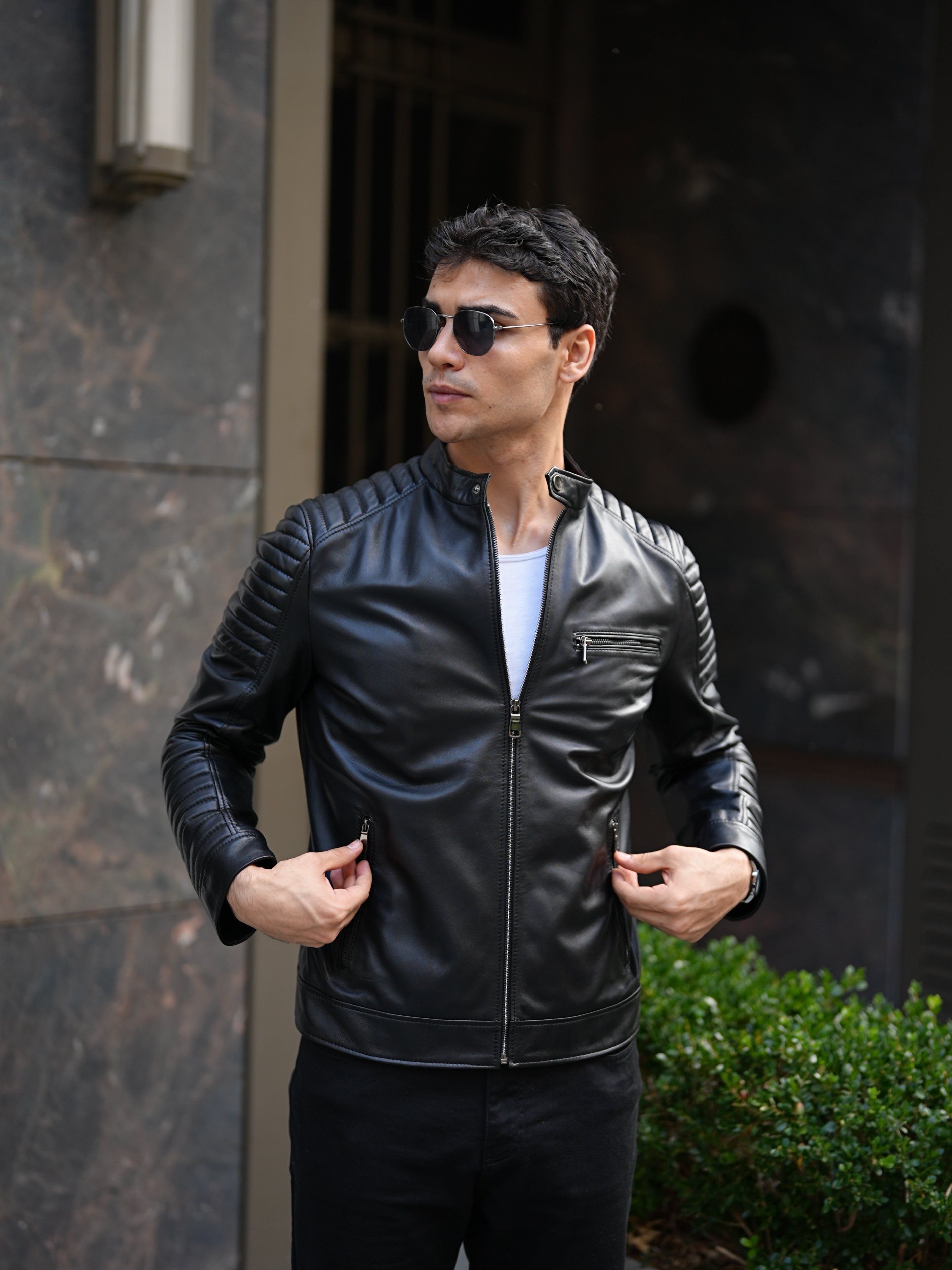 Erkek Standart Fit %100 Hakiki Kuzu Deri Mont-Siyah - Siyah