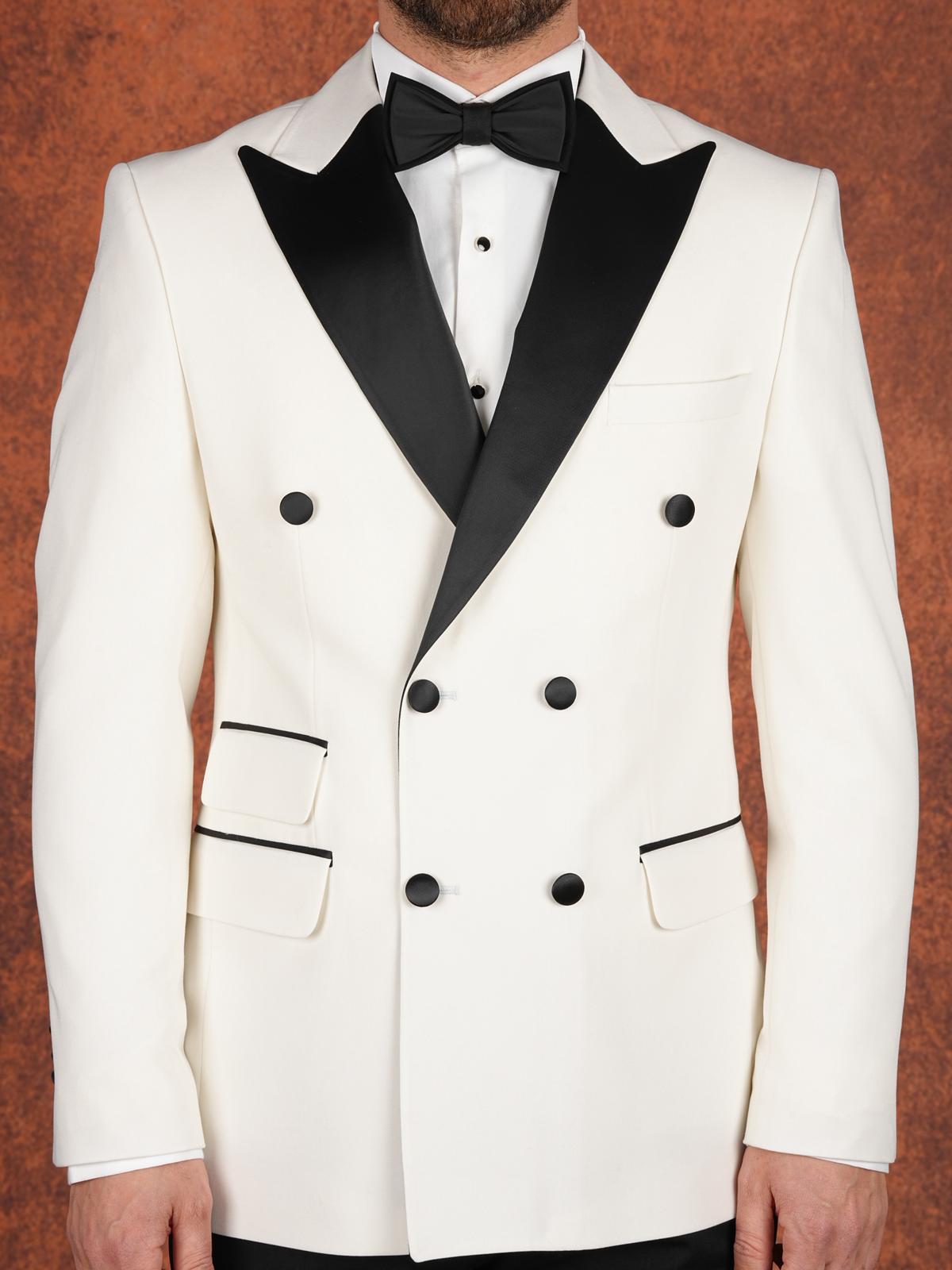 Erkek Premium Slim Fit İtalyan Stil  Damatlık Smokin Ceket Pantolon Papyon - Beyaz