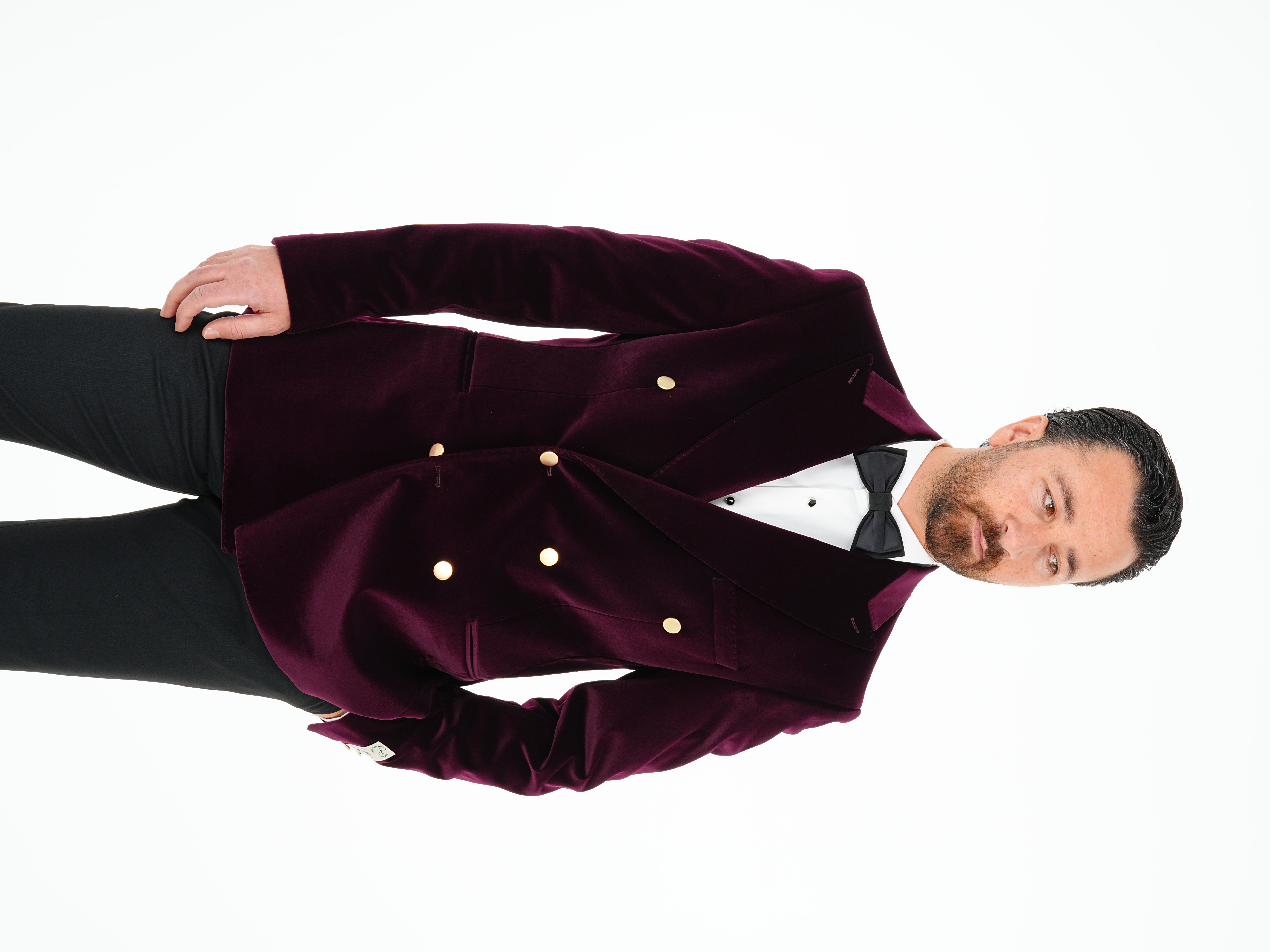 Premium Erkek Kadife Kruvaze Smokin Damatlık Gold Düğme Punto Dikişli Ceket Pantolon Papyon - Mor