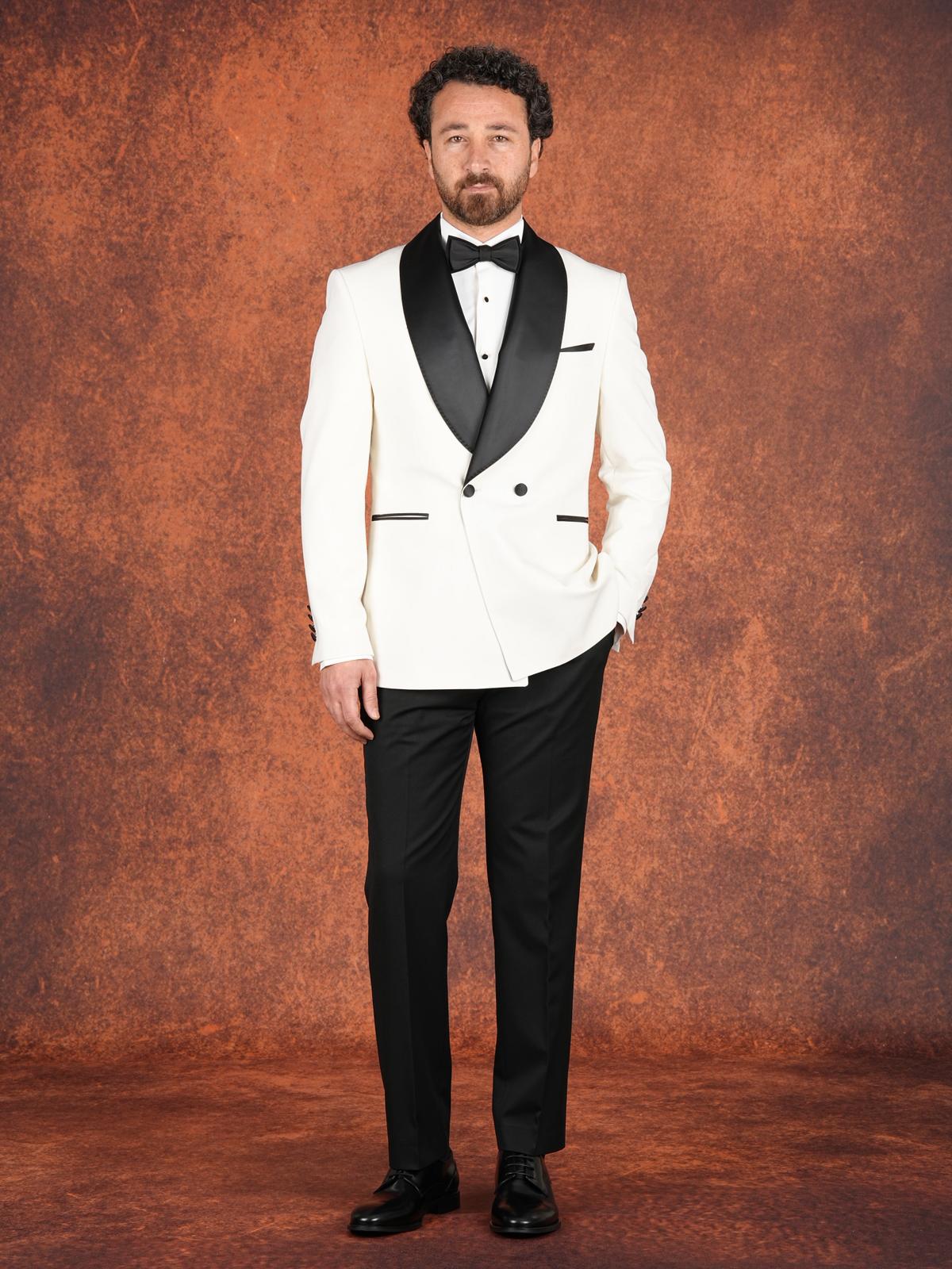 Erkek Premium Slim Fit İtalyan Stil Şal Yaka Damatlık Smokin Ceket Pantolon Papyon - Beyaz