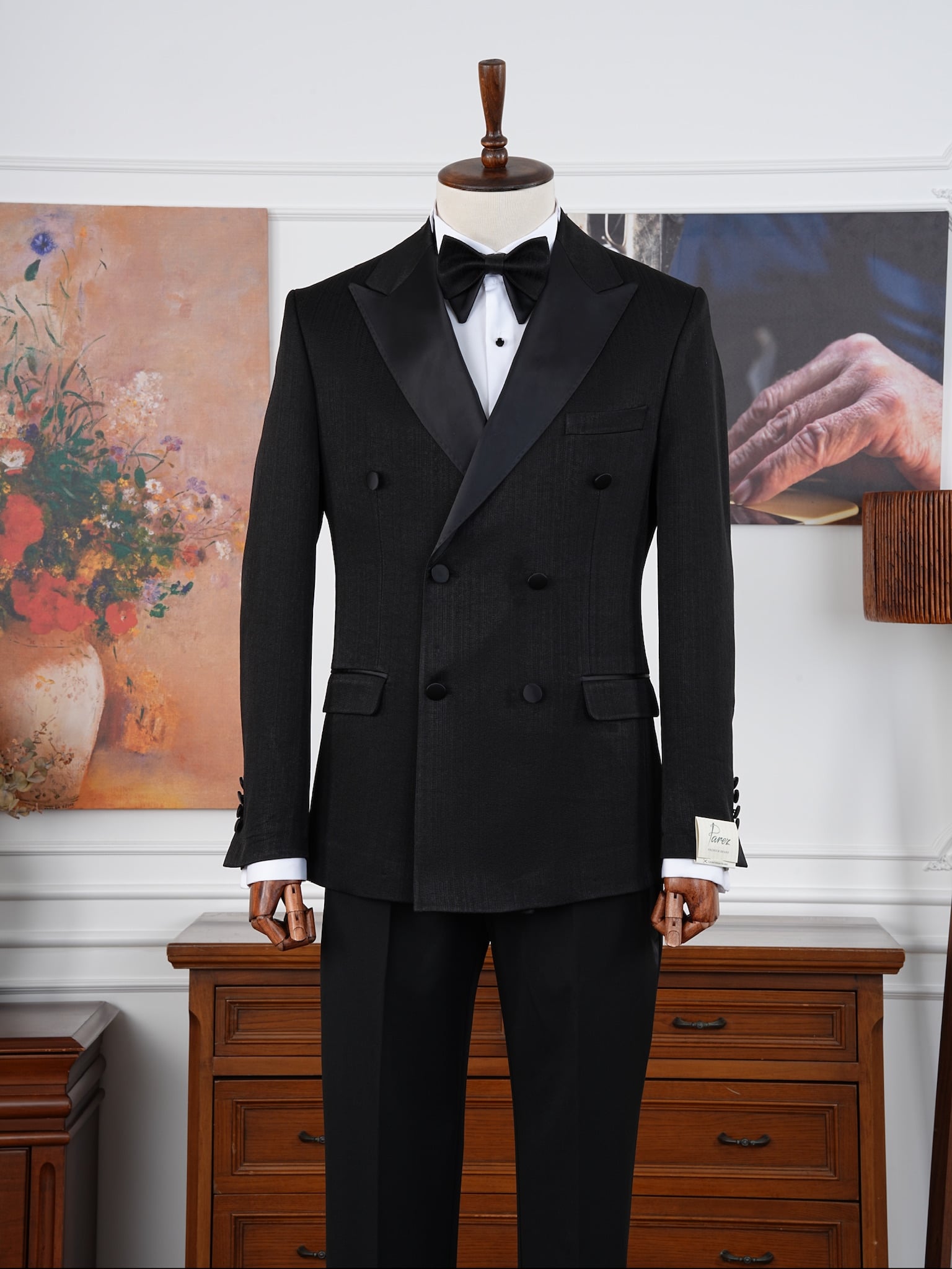 Mens Slim Fit Italian Style Self-Patterned Double Breasted Tuxedo Groom Suit - Black