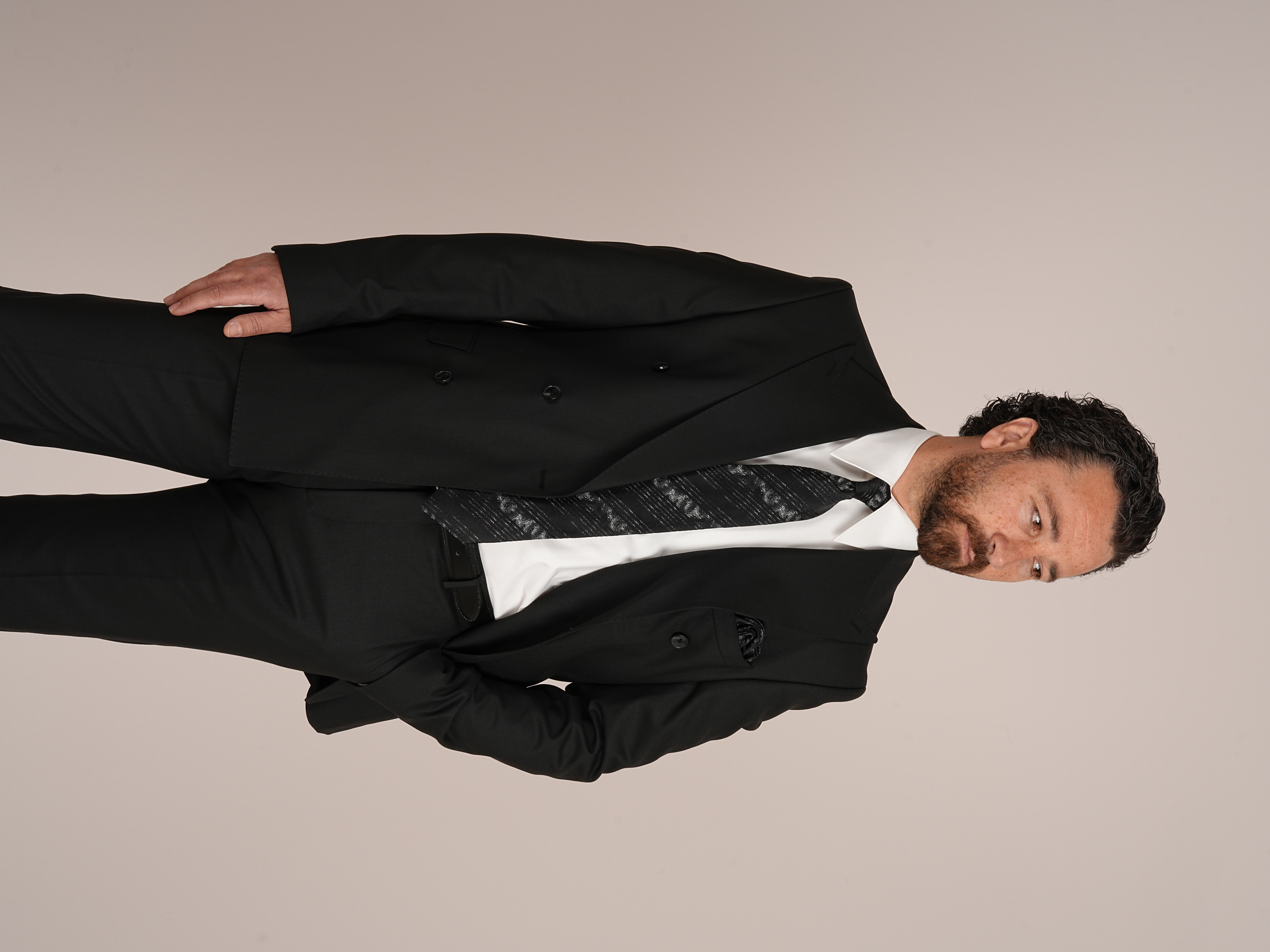 Premium Mens Wool-Blend Double-Breasted italian Slim-Fit Suit Jacket & Trousers - Black