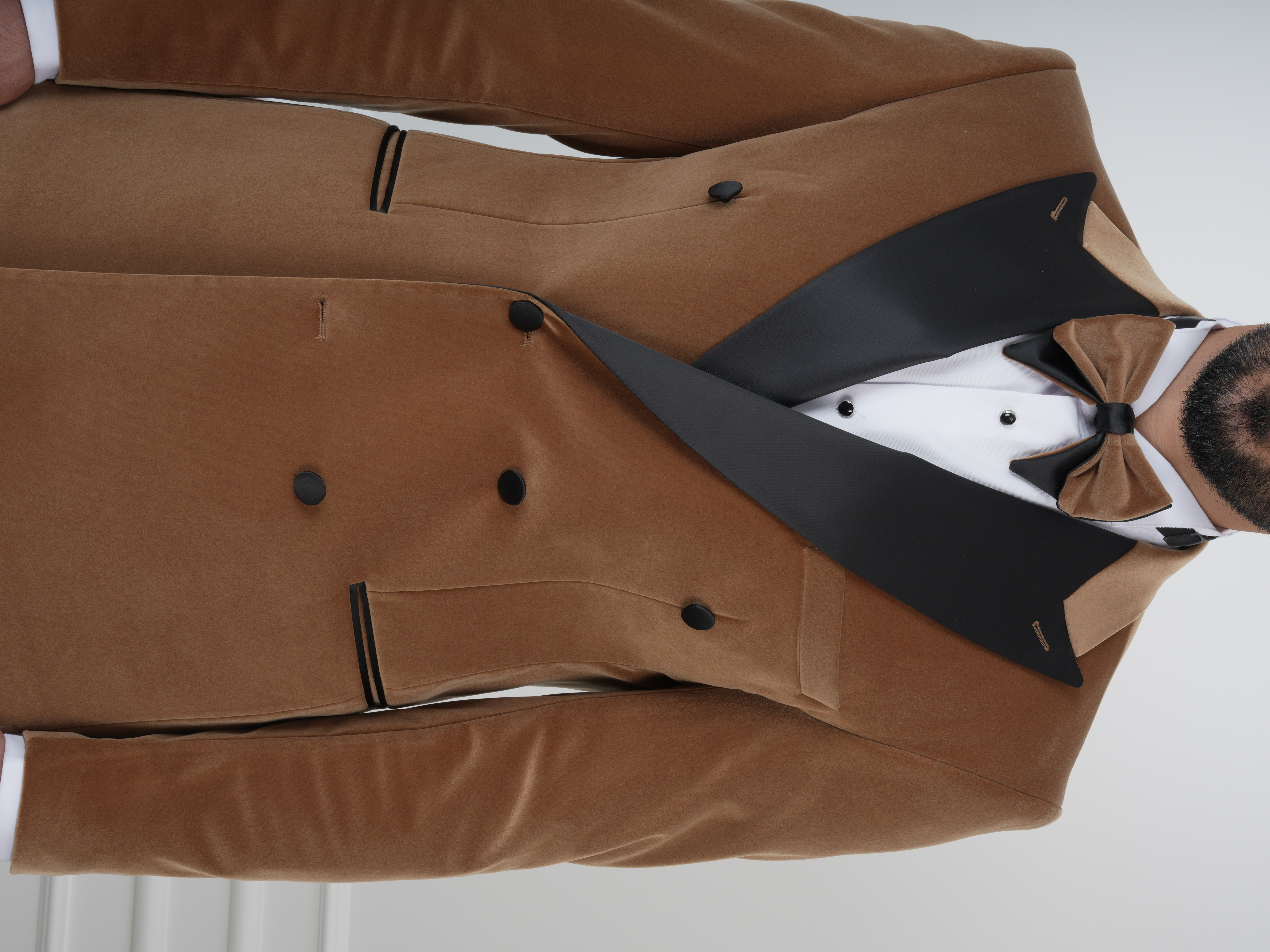 Erkek Premium Kadife Kruvaze Smokin Damatlık İtalyan Stil  Ceket Pantolon Papyon - Krem