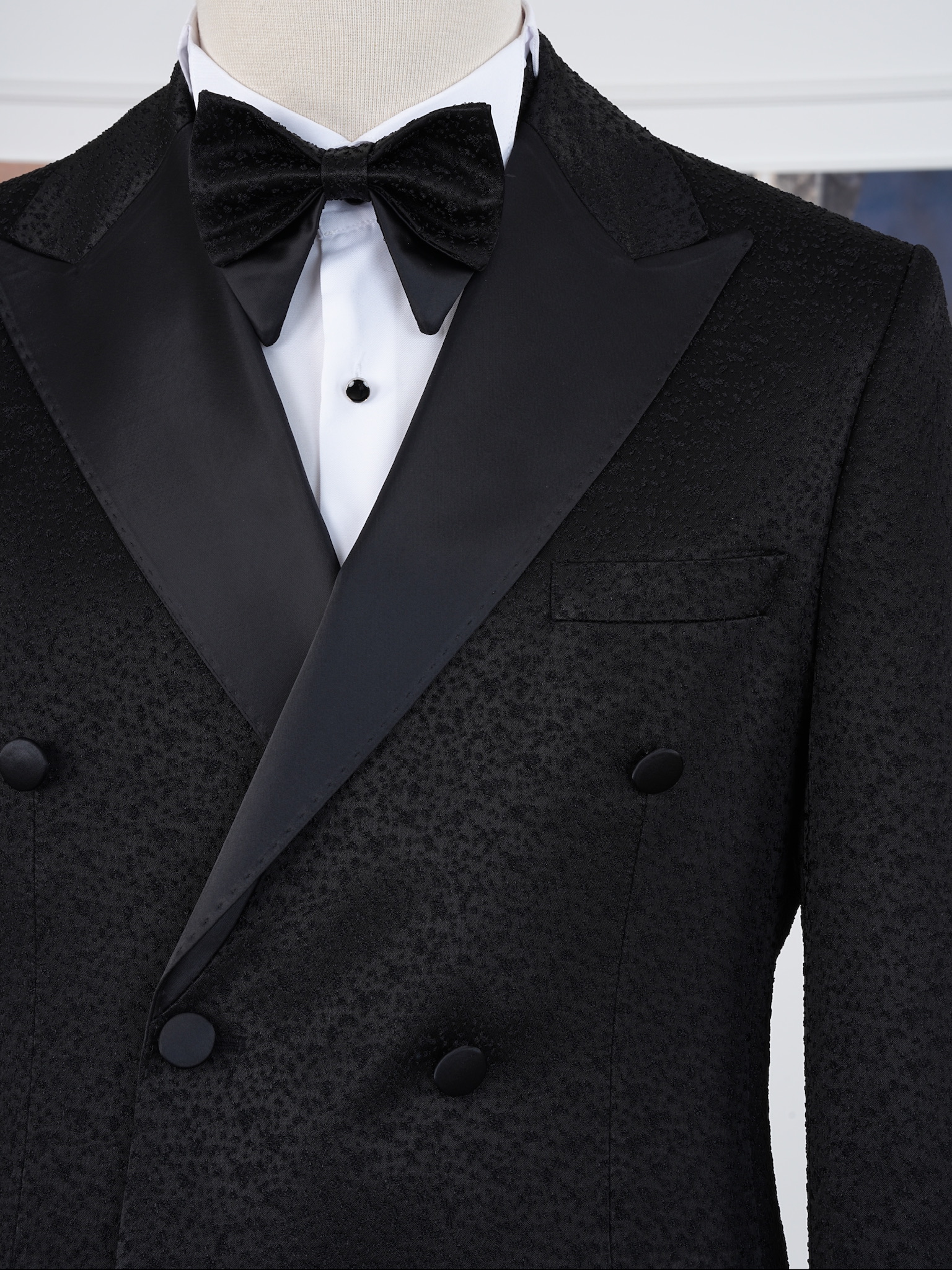 Erkek Slim Fit İtalyan Stil Jakar Desenli Damatlık Smokin Ceket Pantolon - Siyah