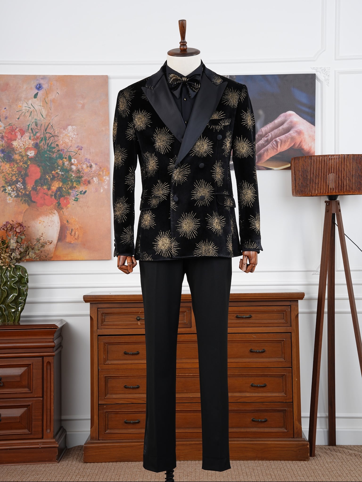 Premium Erkek Slim Fit İtalyan Stil Desenli Smokin Damatlık - Siyah