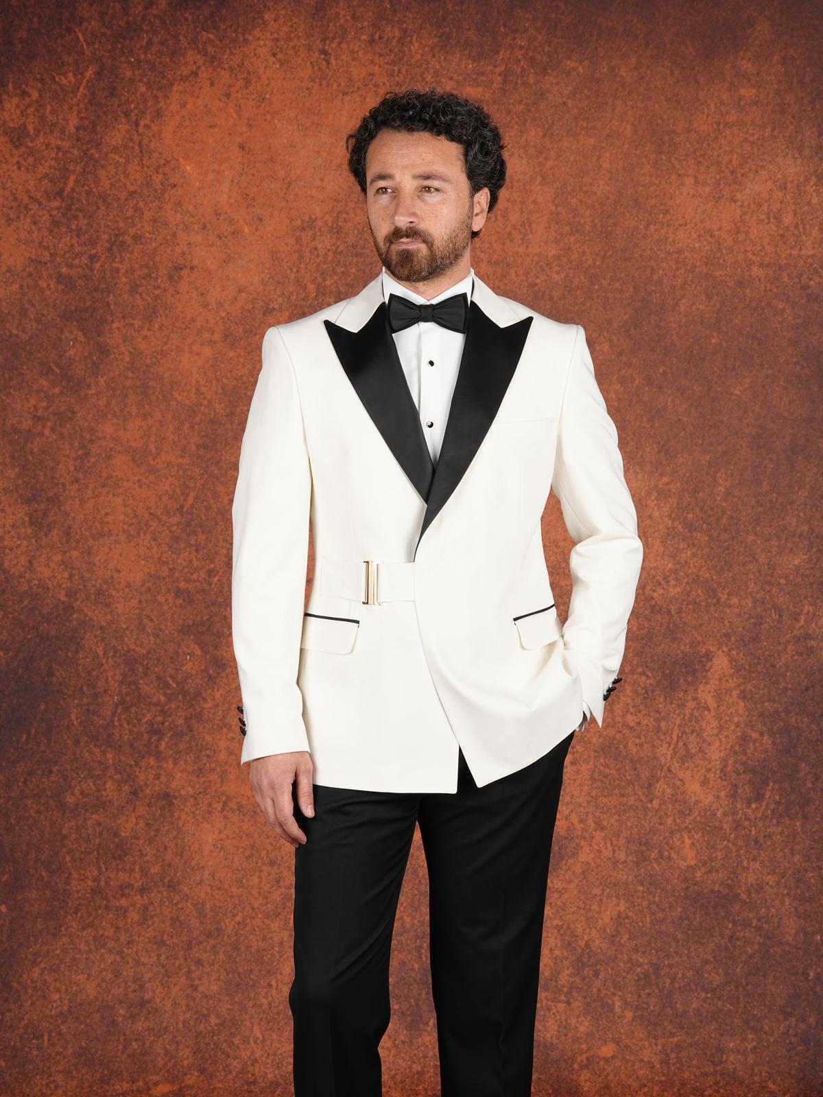 Erkek Premium Slim Fit İtalyan Stil  Gold Toka Damatlık Smokin Ceket Pantolon Papyon - Beyaz
