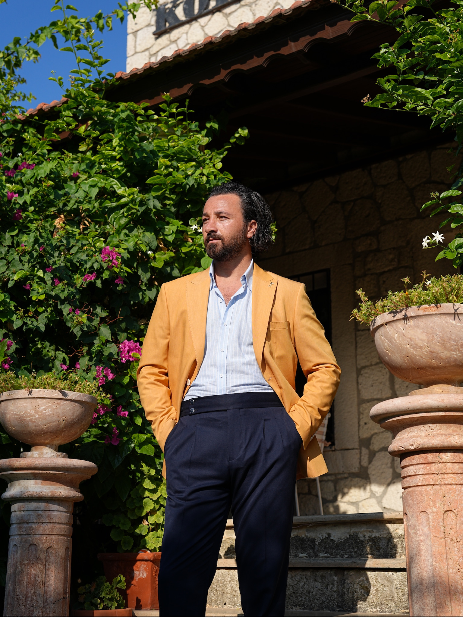 Erkek Premium İtalyan Stil Slim Fit Erkek Punto Dikişli Torba Cepli Yarım Astarlı Ceket - Sarı