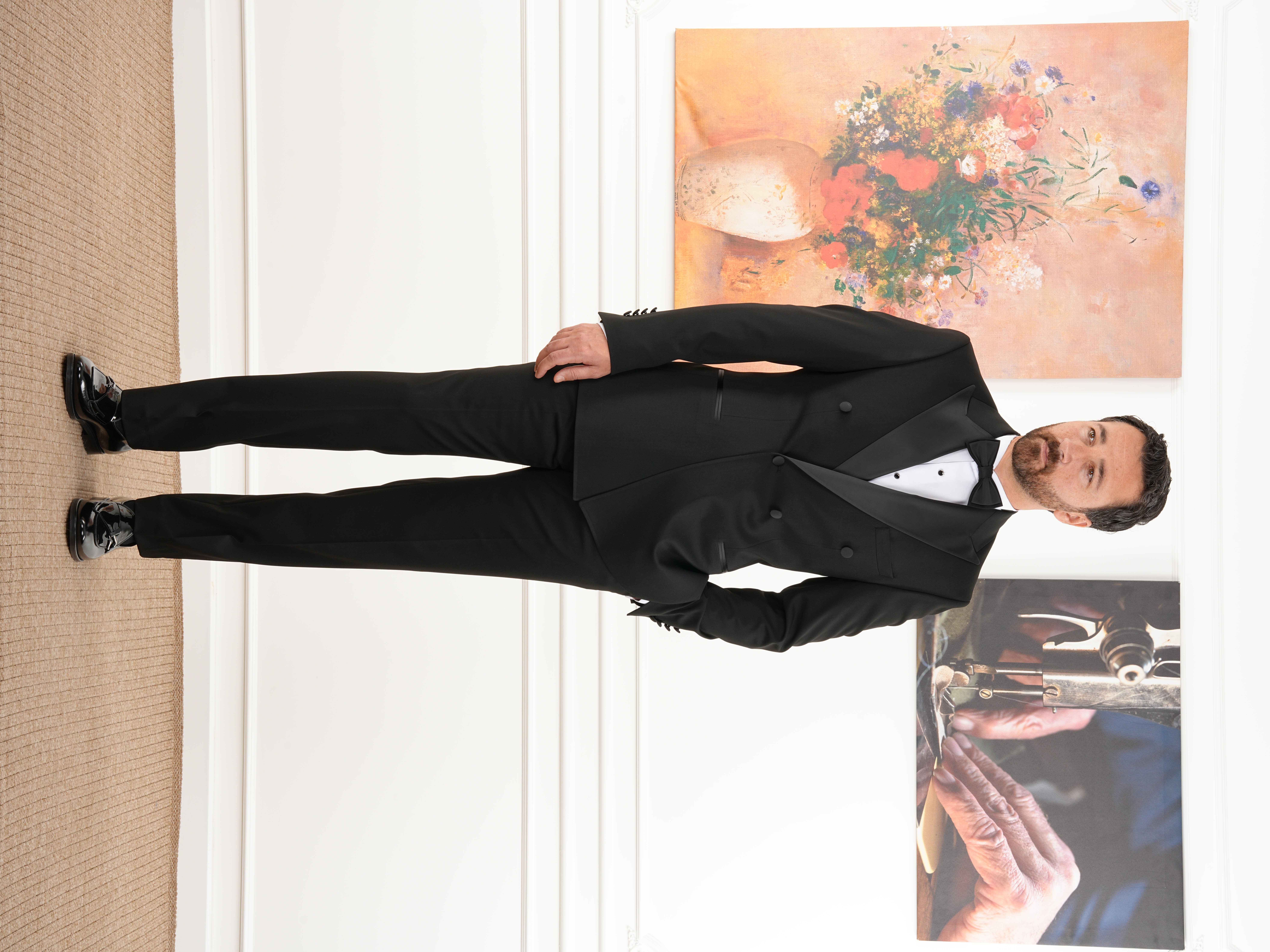 Erkek Kruvaze Smokin Damatlık İtalyan Stil Ceket Pantolon Papyon-Siyah - Siyah