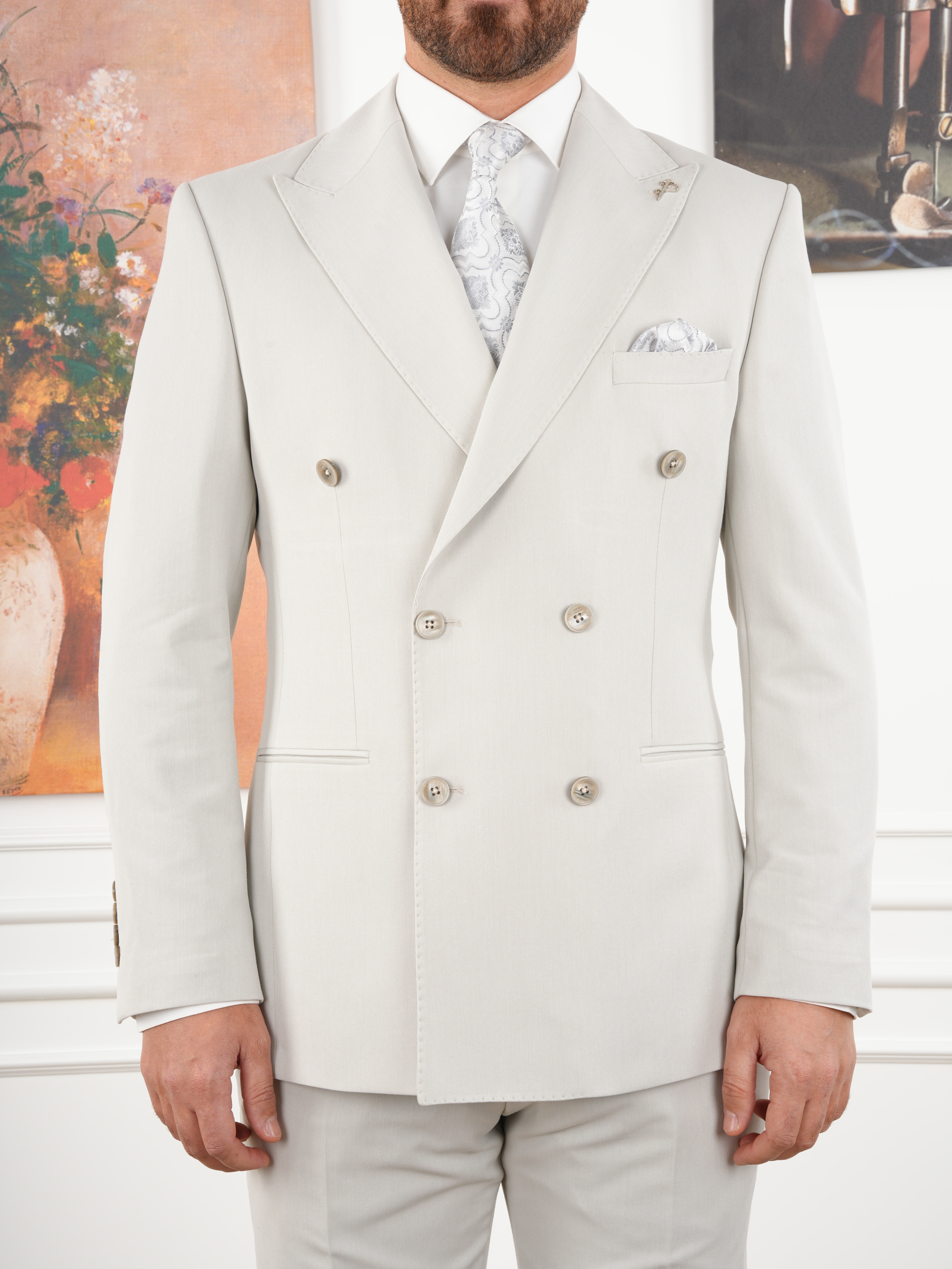 Erkek Slim Fit İtalyan Stil Kruvaze Takım Elbise Ceket Pantolon - Taş