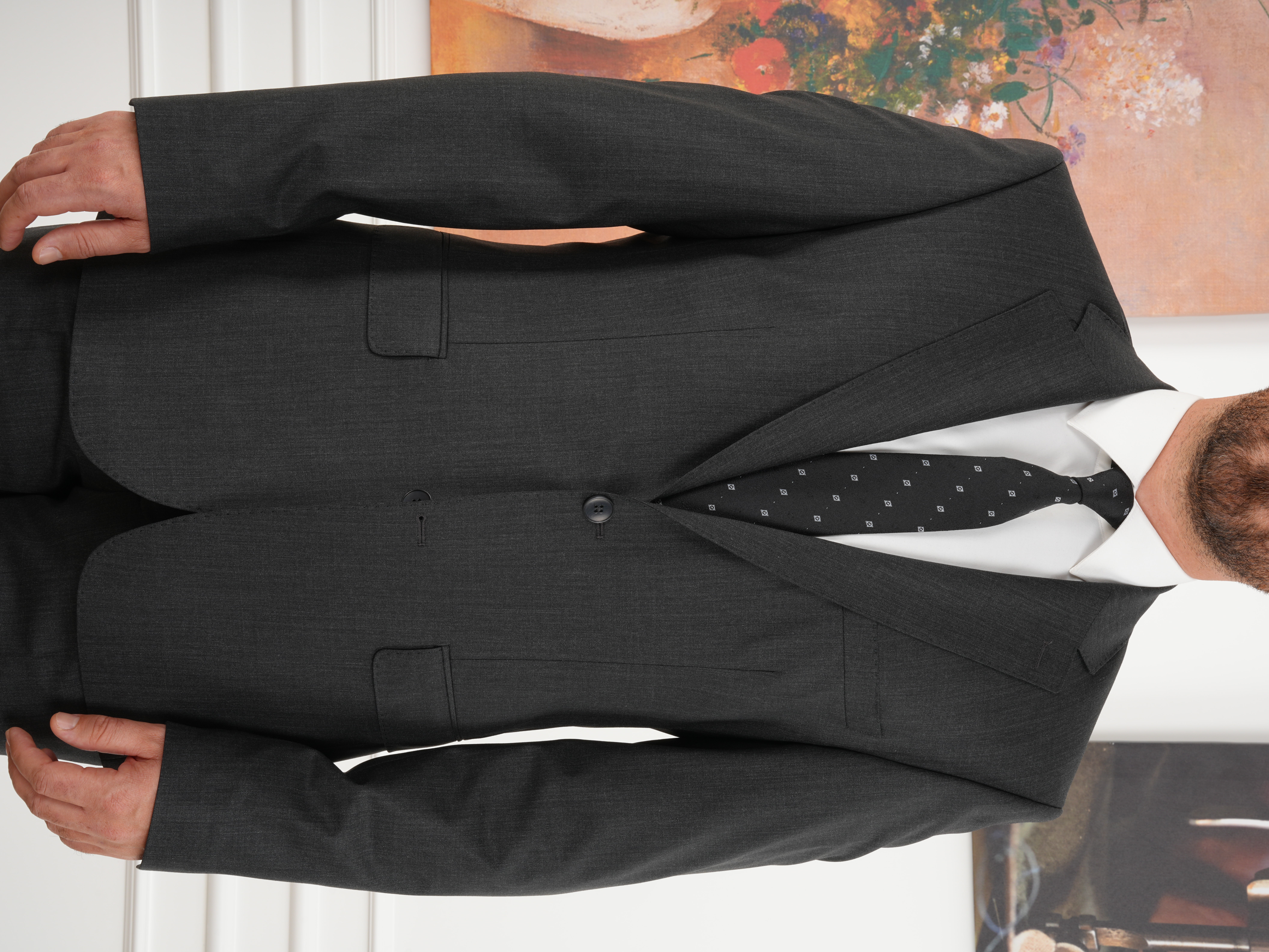 Erkek Regular İtalyan Stil Yünlü Mono Yaka Takım Elbise Ceket Pantolon - Antrasit